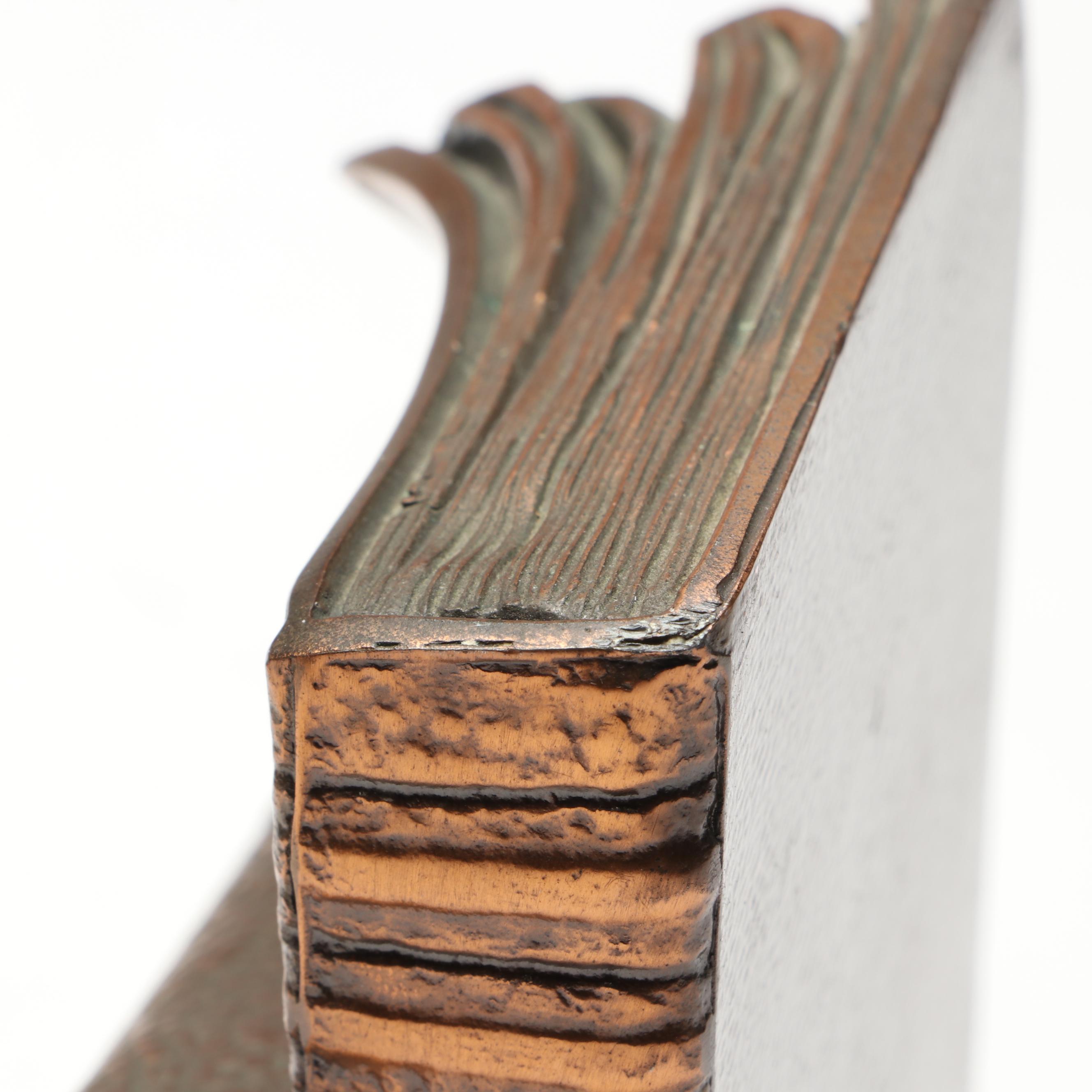 Philadelphia Mfg. Co. Copper Plated Bookends with Floral Slag Glass Lamp