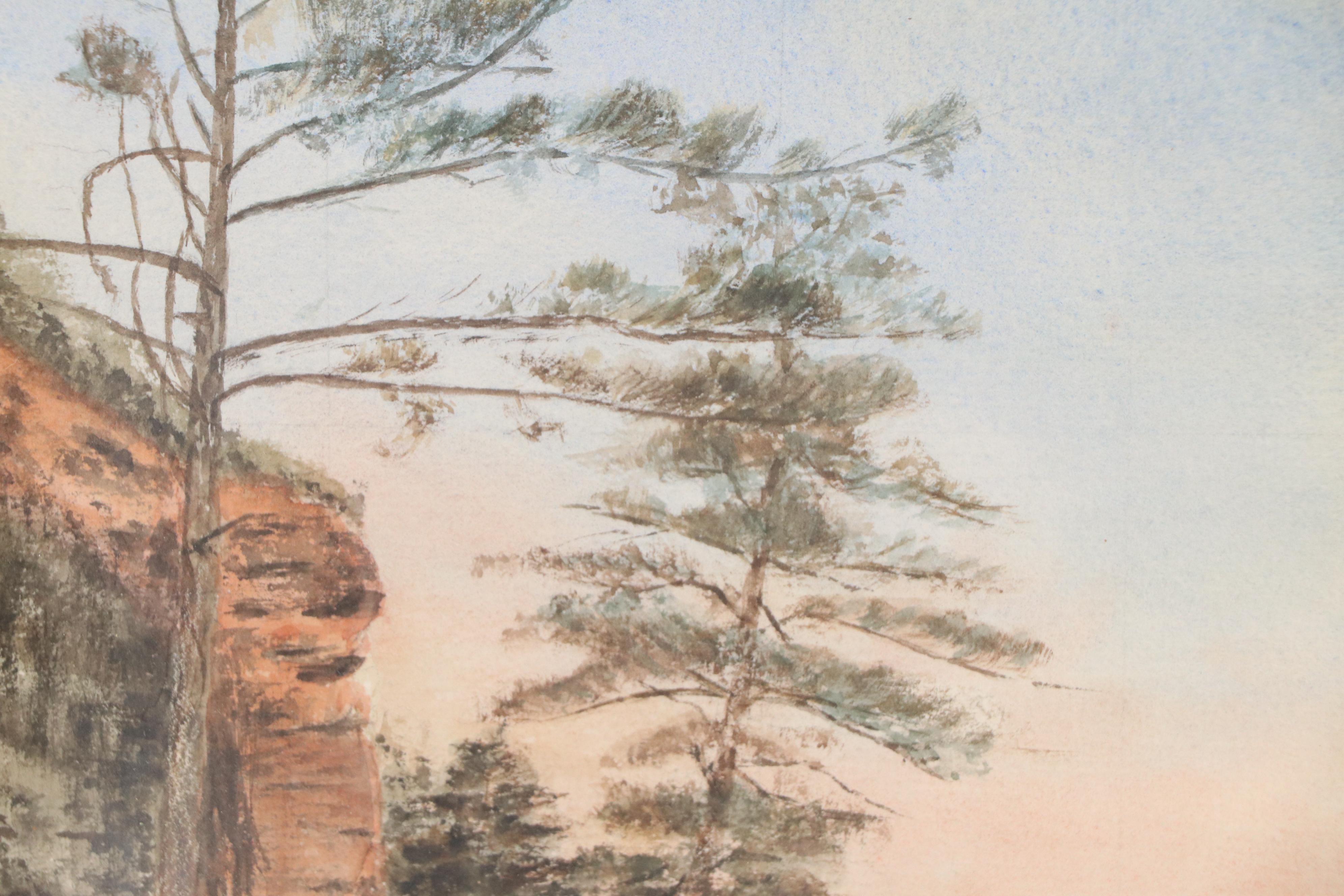 Forest Landscape Watercolor Painting with Winding Road, Late 20th Century