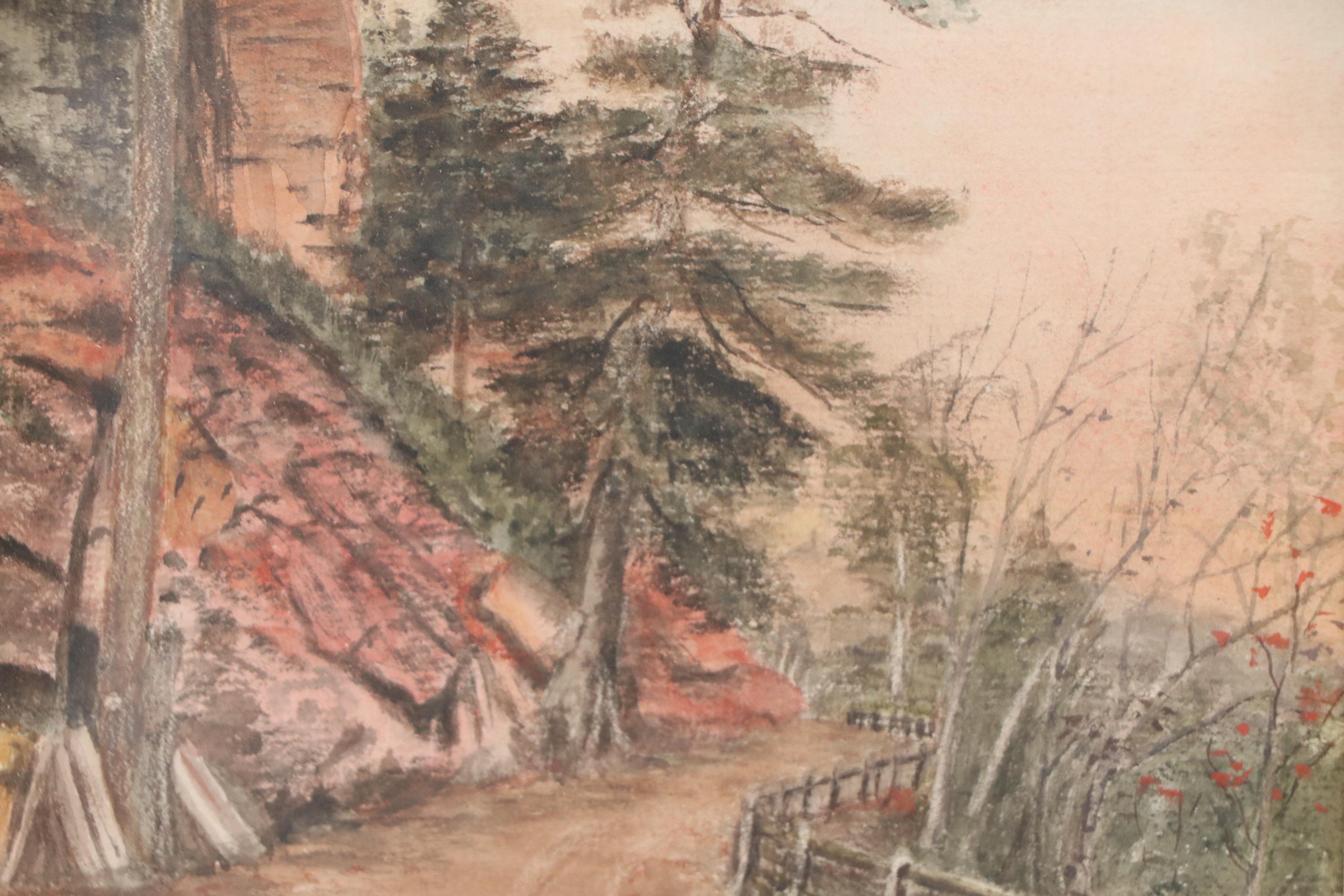 Forest Landscape Watercolor Painting with Winding Road, Late 20th Century