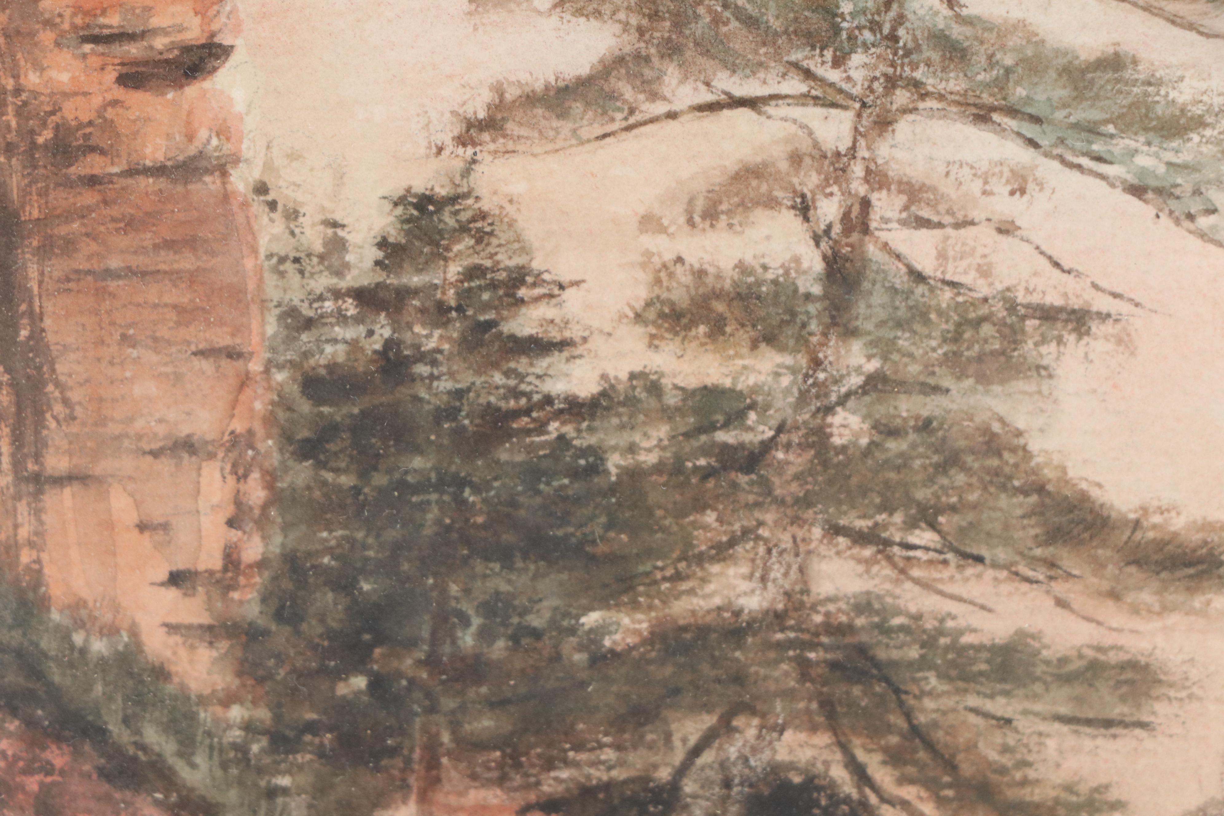 Forest Landscape Watercolor Painting with Winding Road, Late 20th Century