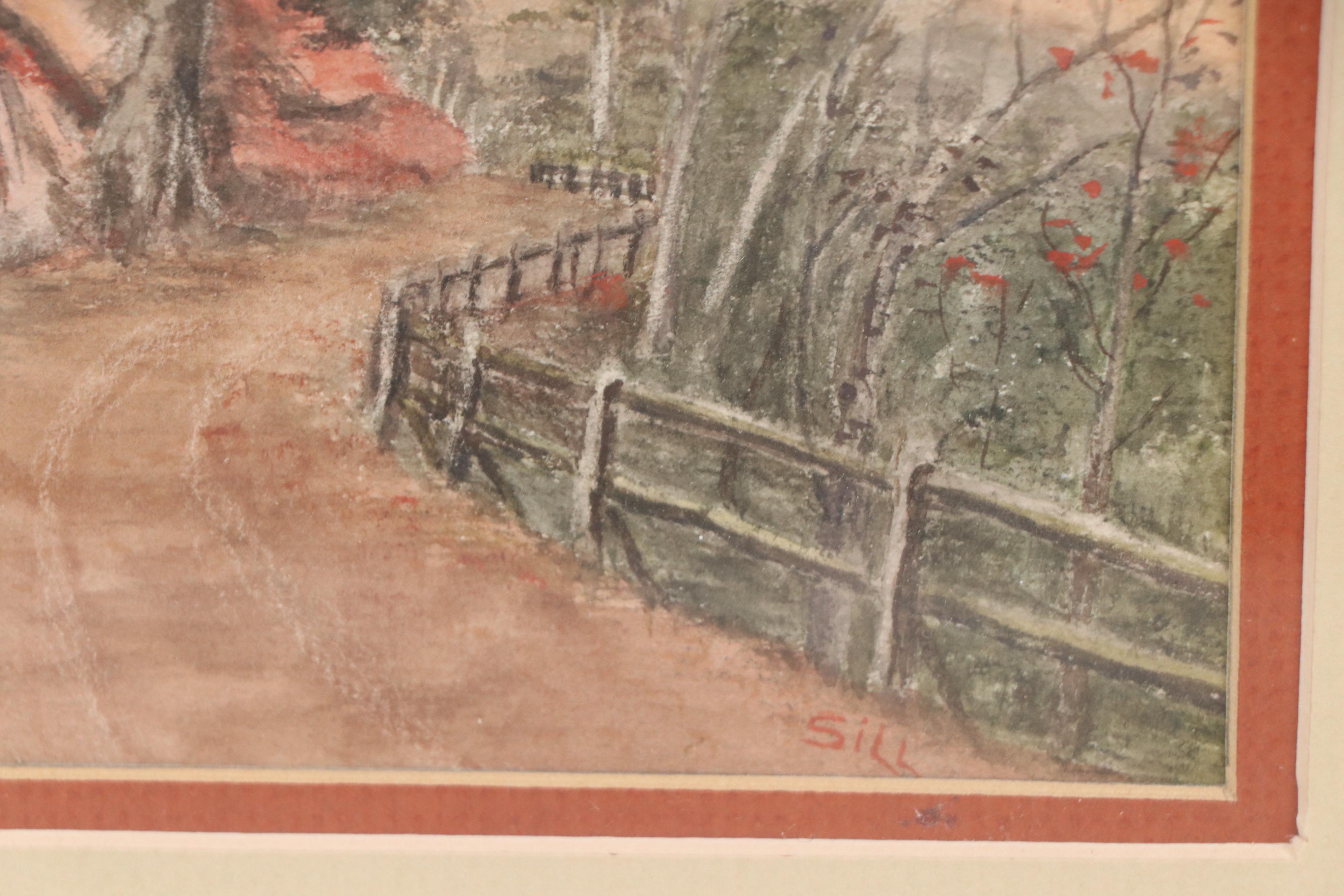 Forest Landscape Watercolor Painting with Winding Road, Late 20th Century