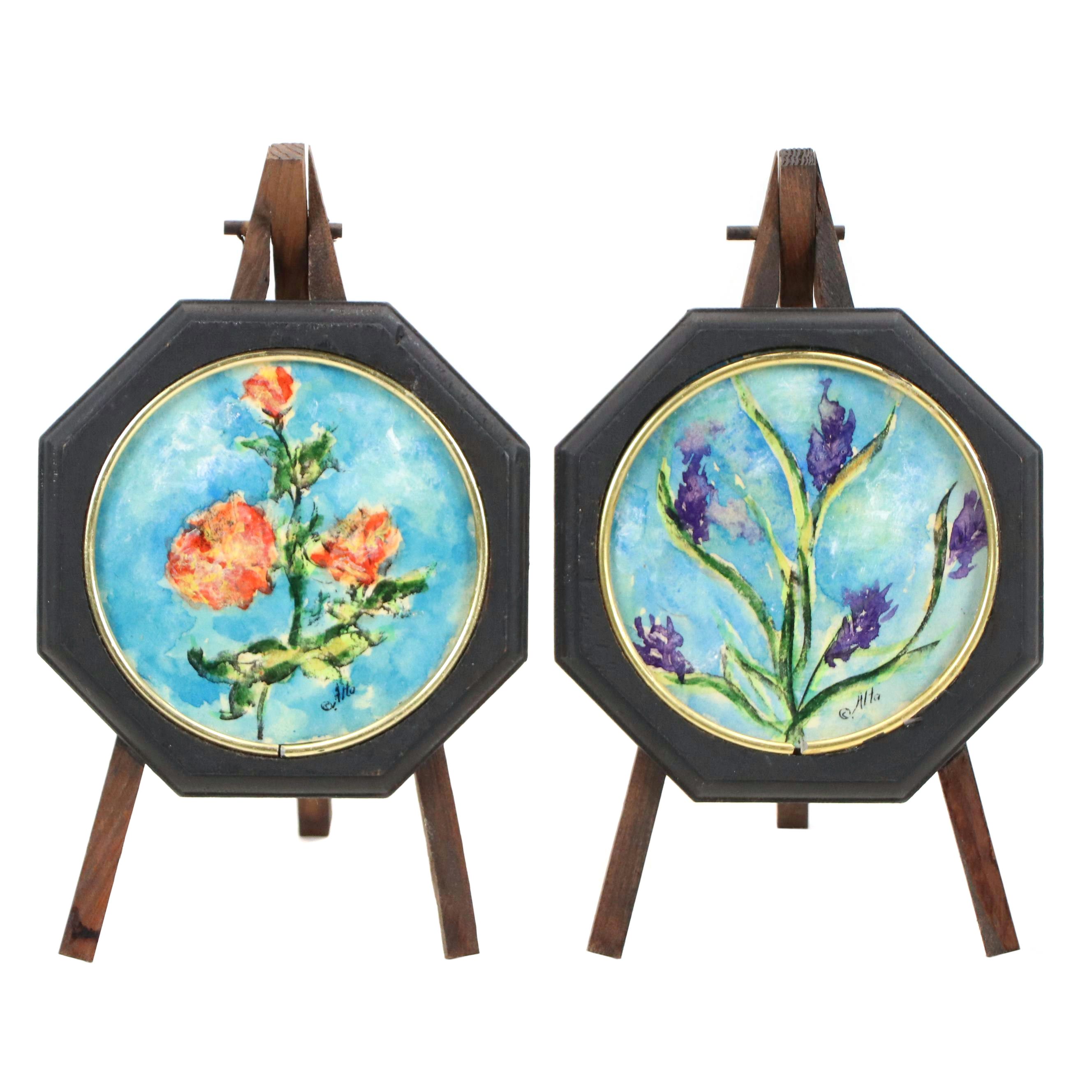 Oil Paintings of Lavender and Roses, Mid-20th Century