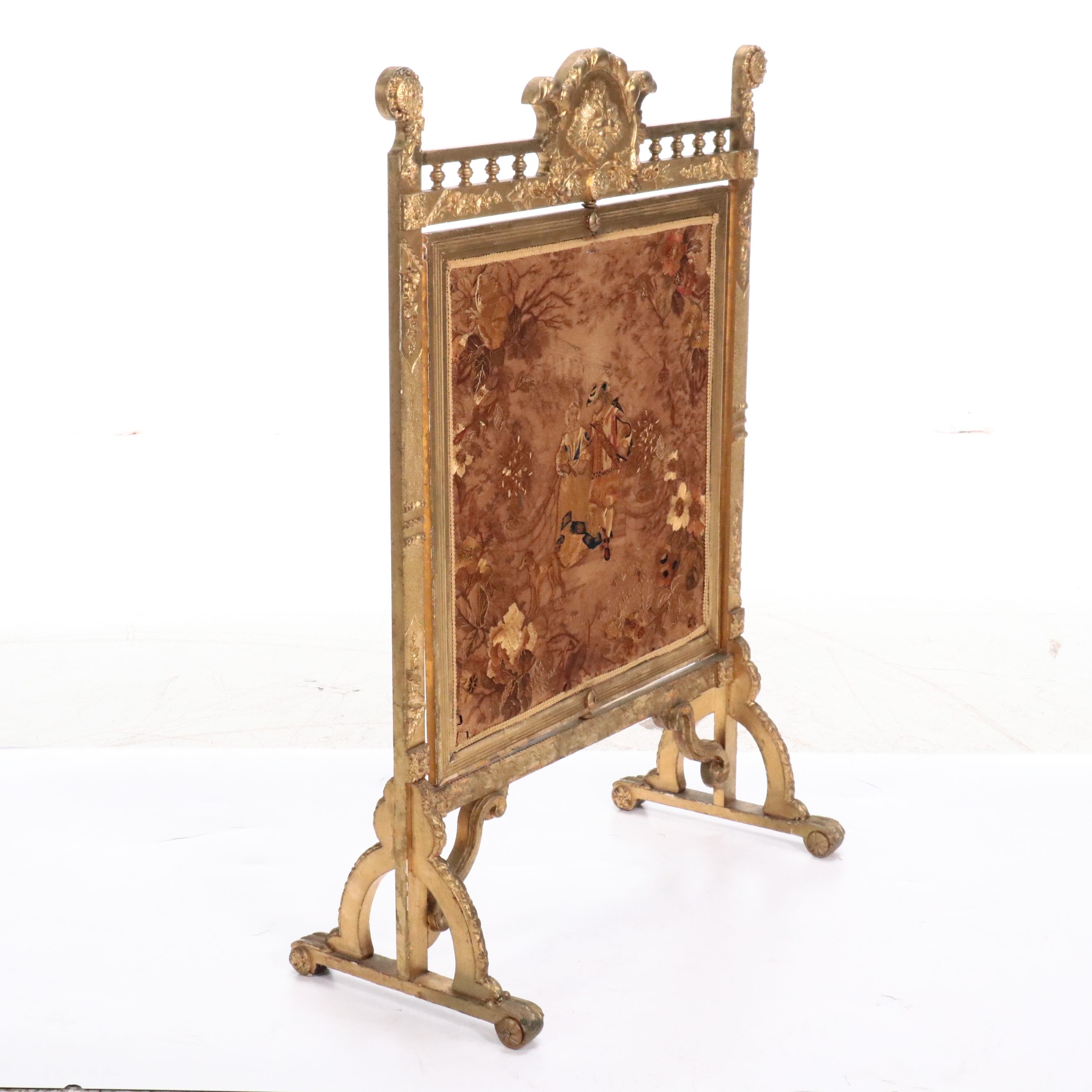 French Gothic Revival Style Giltwood and Needlework Tapestry Fireplace Screen