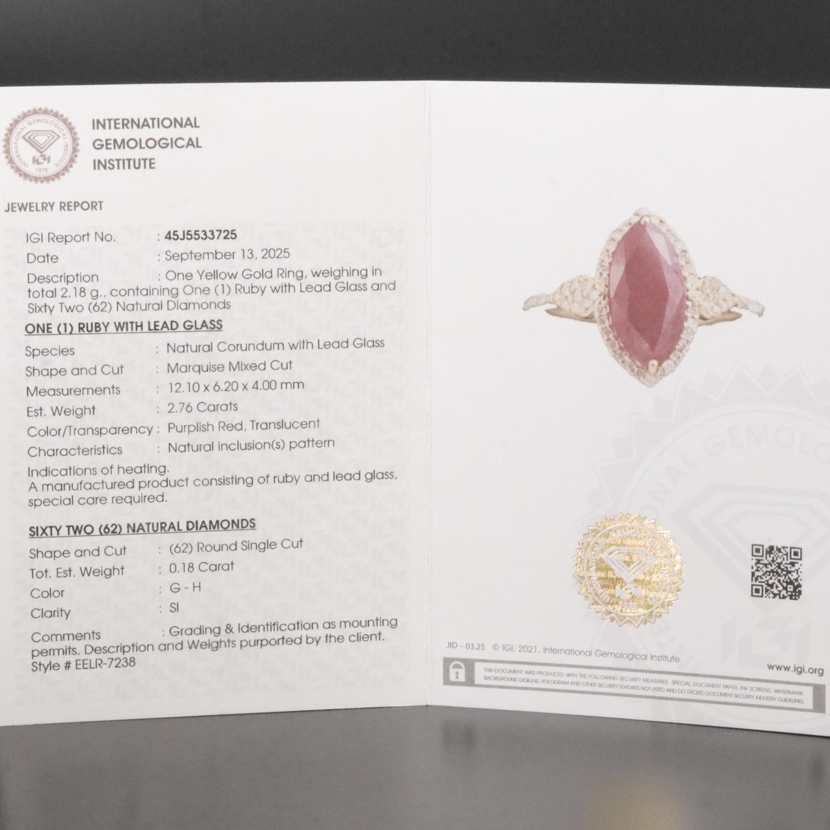 14K 2.76 CT Ruby and Diamond Ring with IGI Report
