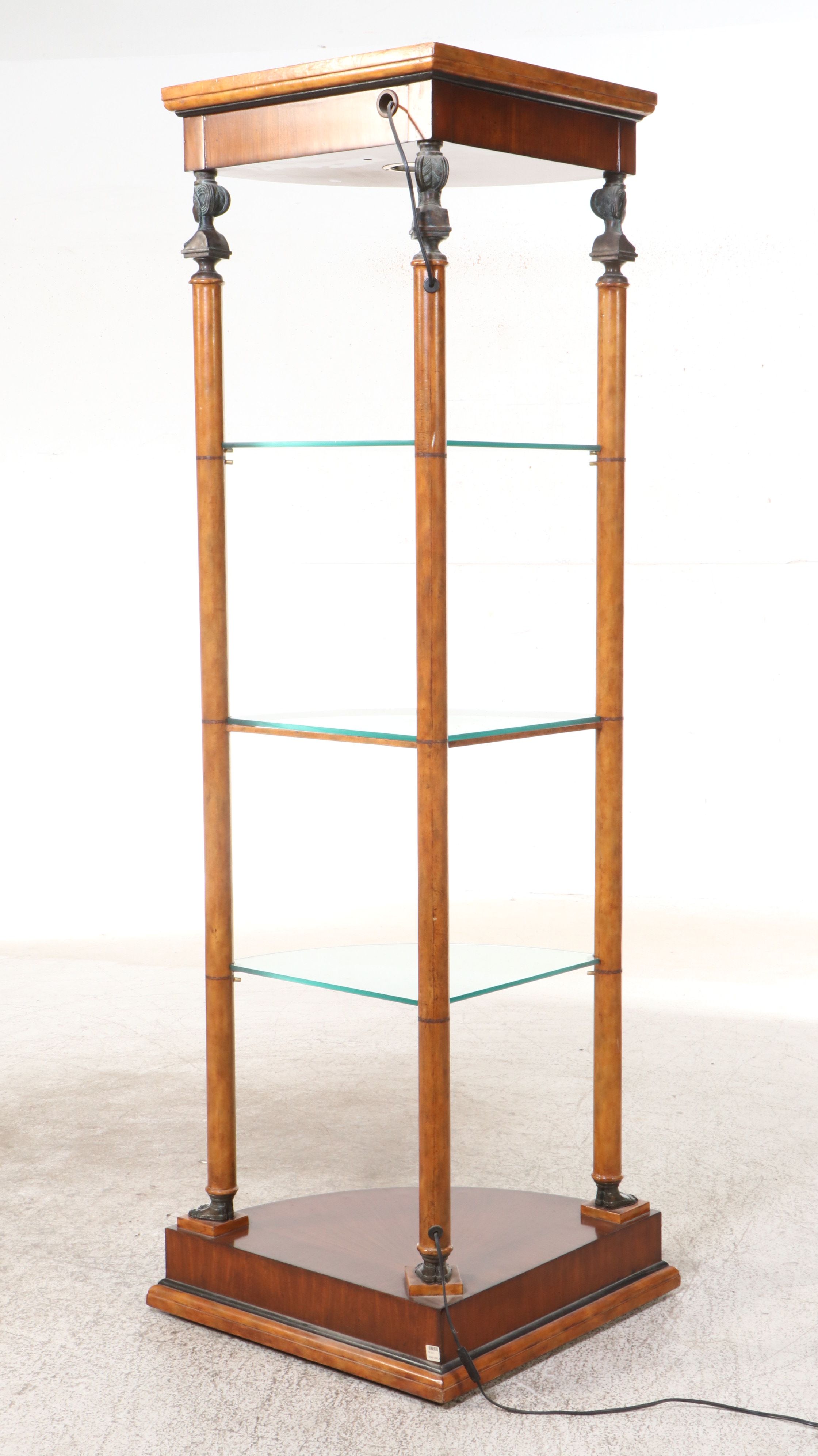 Henredon Egyptian Revival Hardwood and Glass Illuminated Corner Shelf