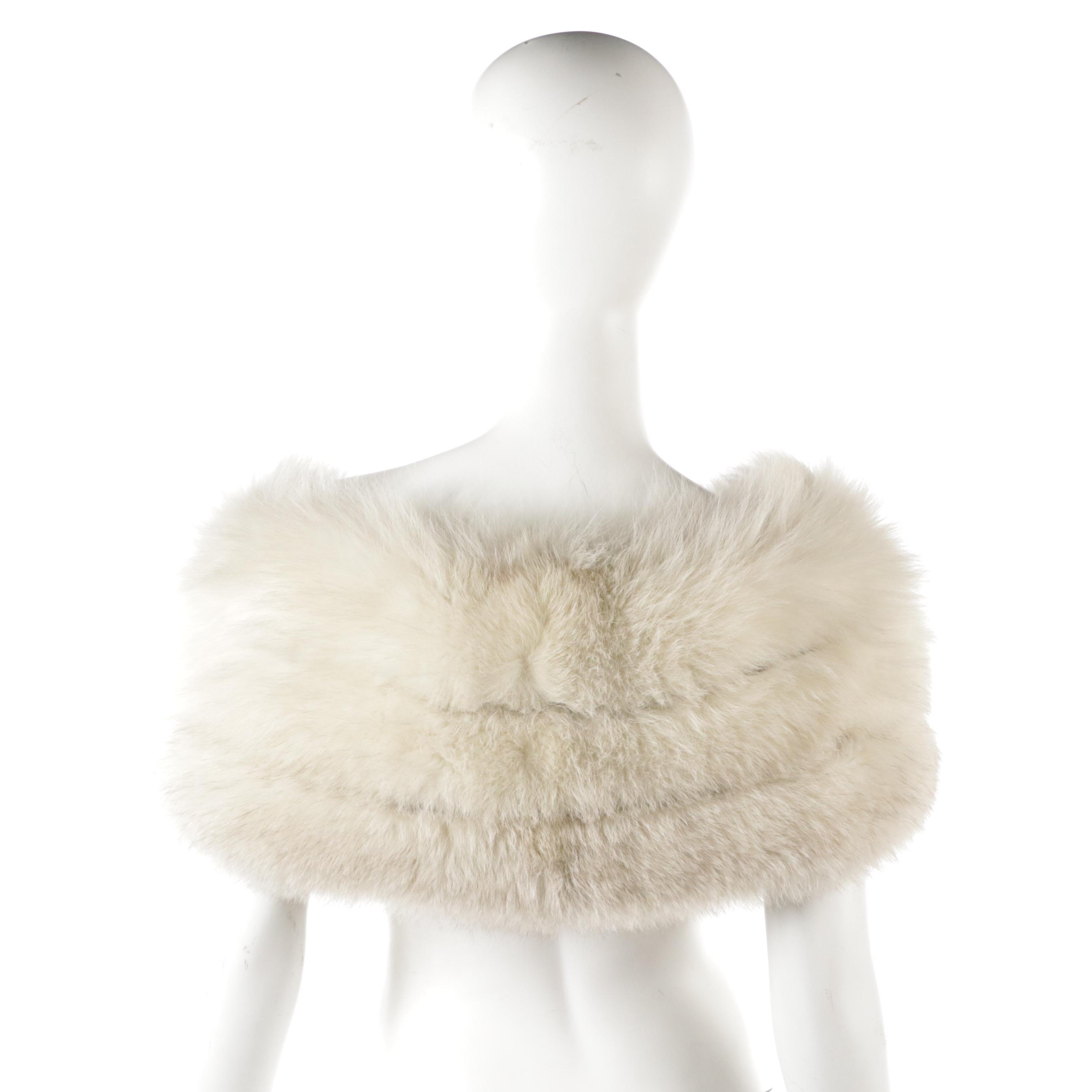 Blue Fox Fur Stole with Black Velvet Ribbon Ties