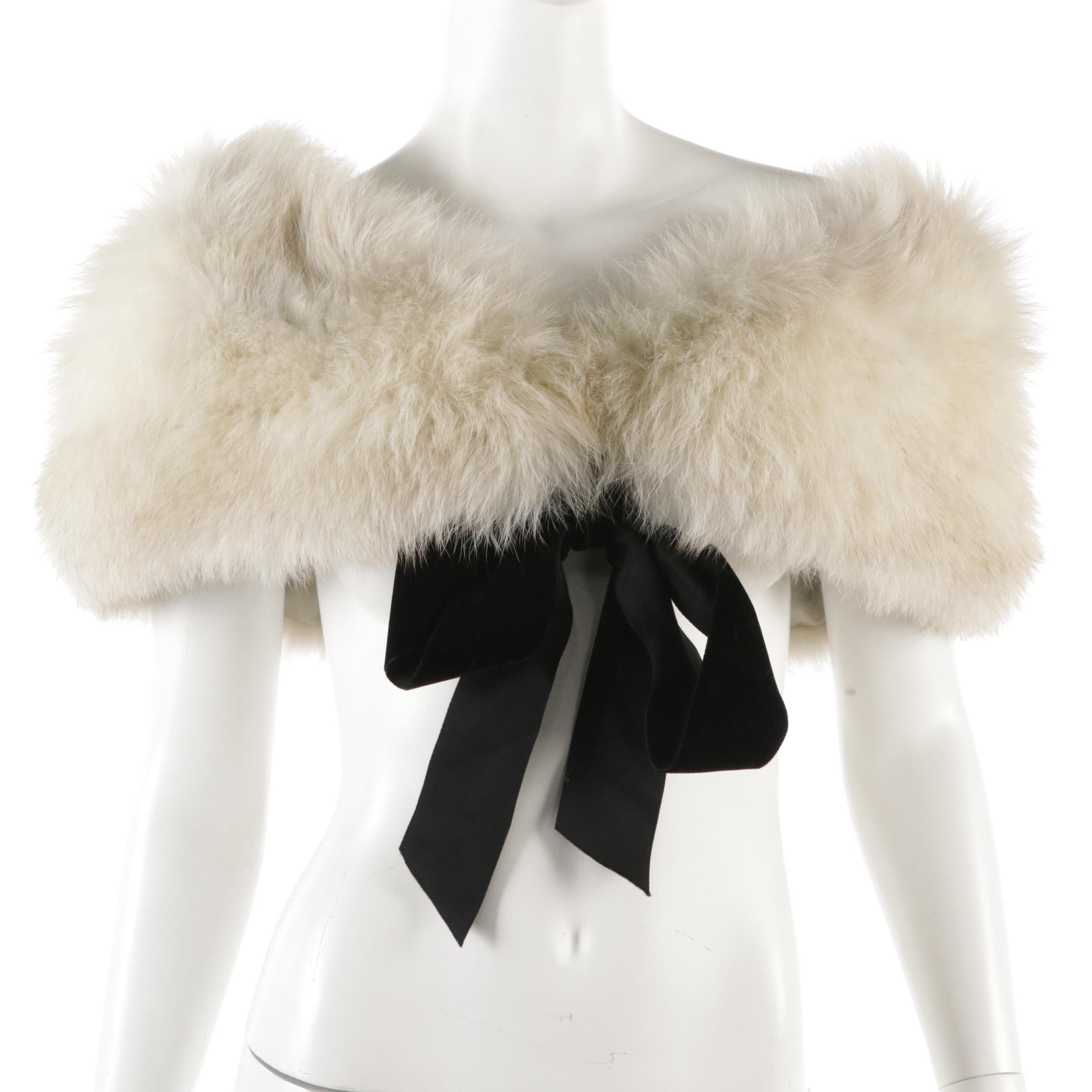 Blue Fox Fur Stole with Black Velvet Ribbon Ties
