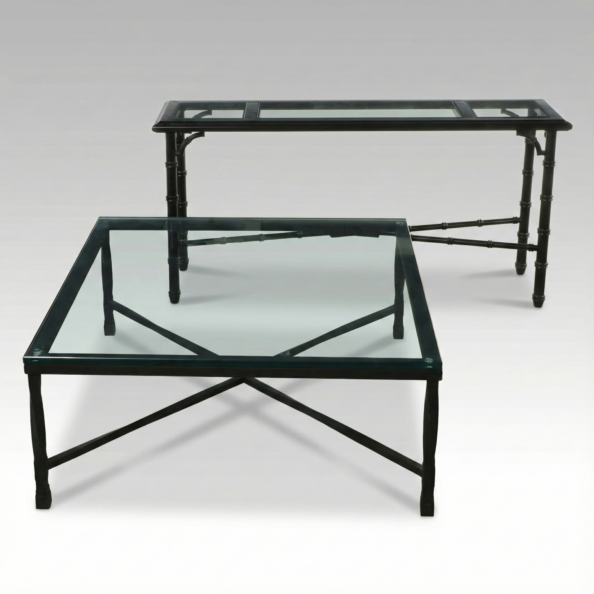 Lane Black Lacquered Bamboo Turned Console Table with Metal Coffee Table