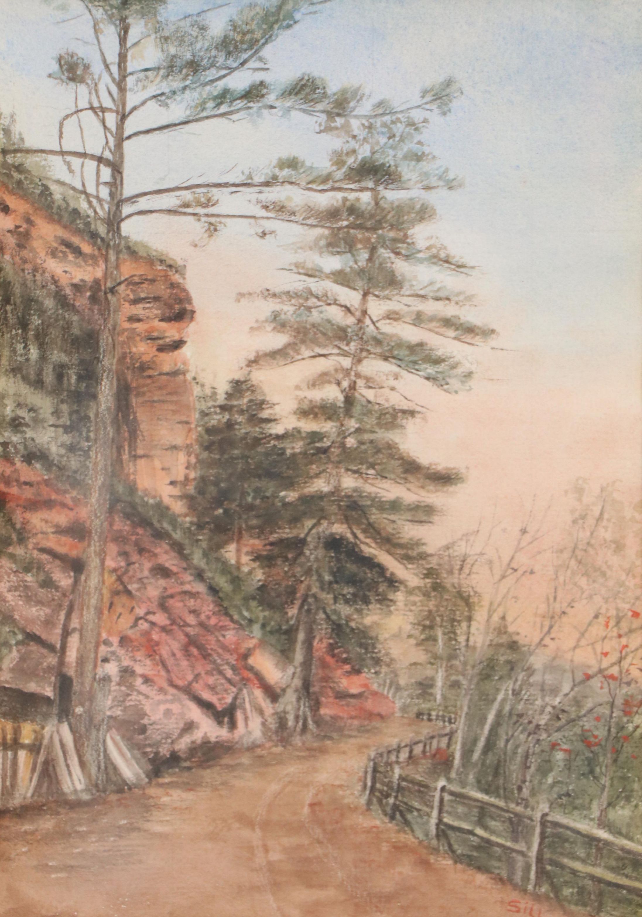 Forest Landscape Watercolor Painting with Winding Road, Late 20th Century