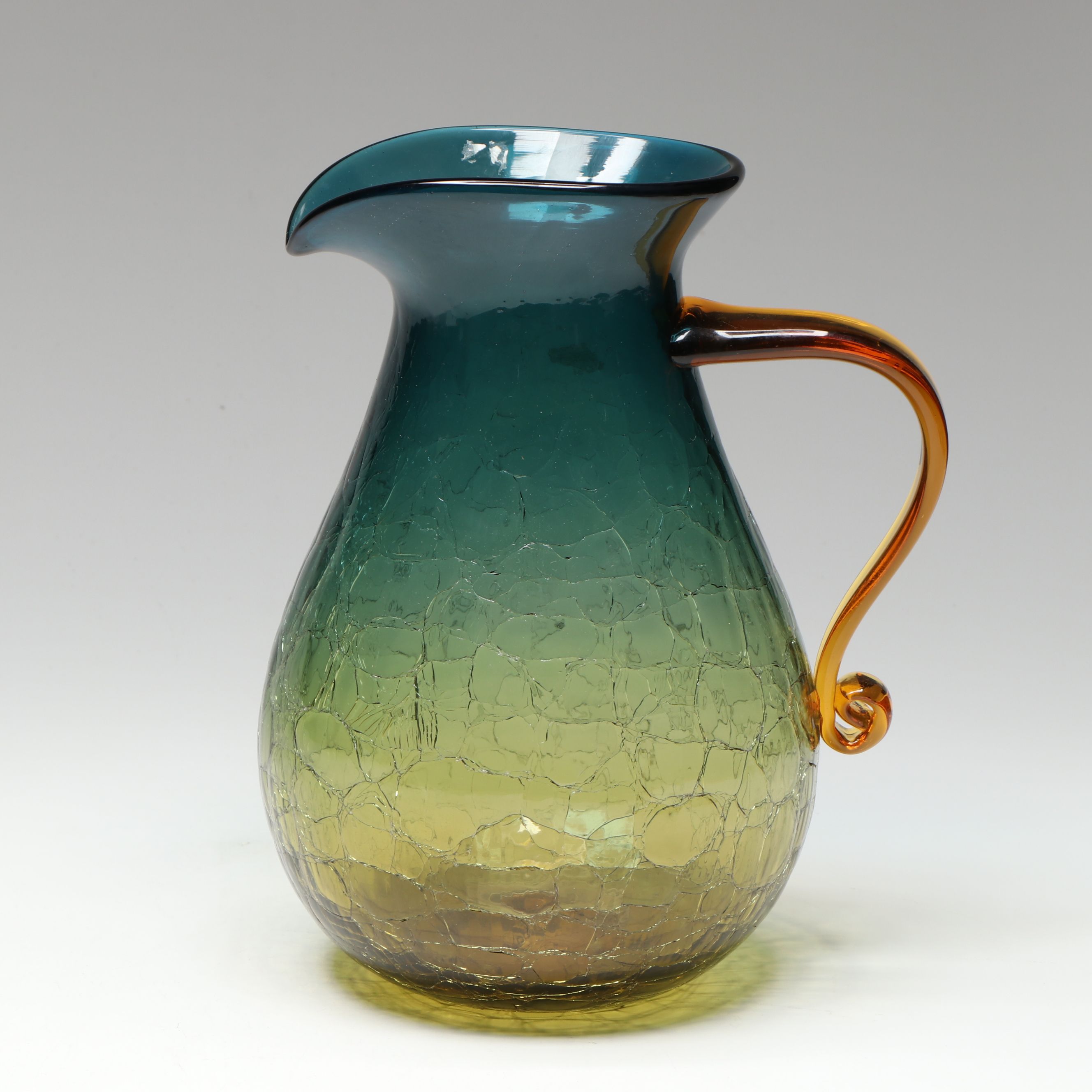 Blenko Blue and Amber Ombré Crackle Art Glass Pitcher