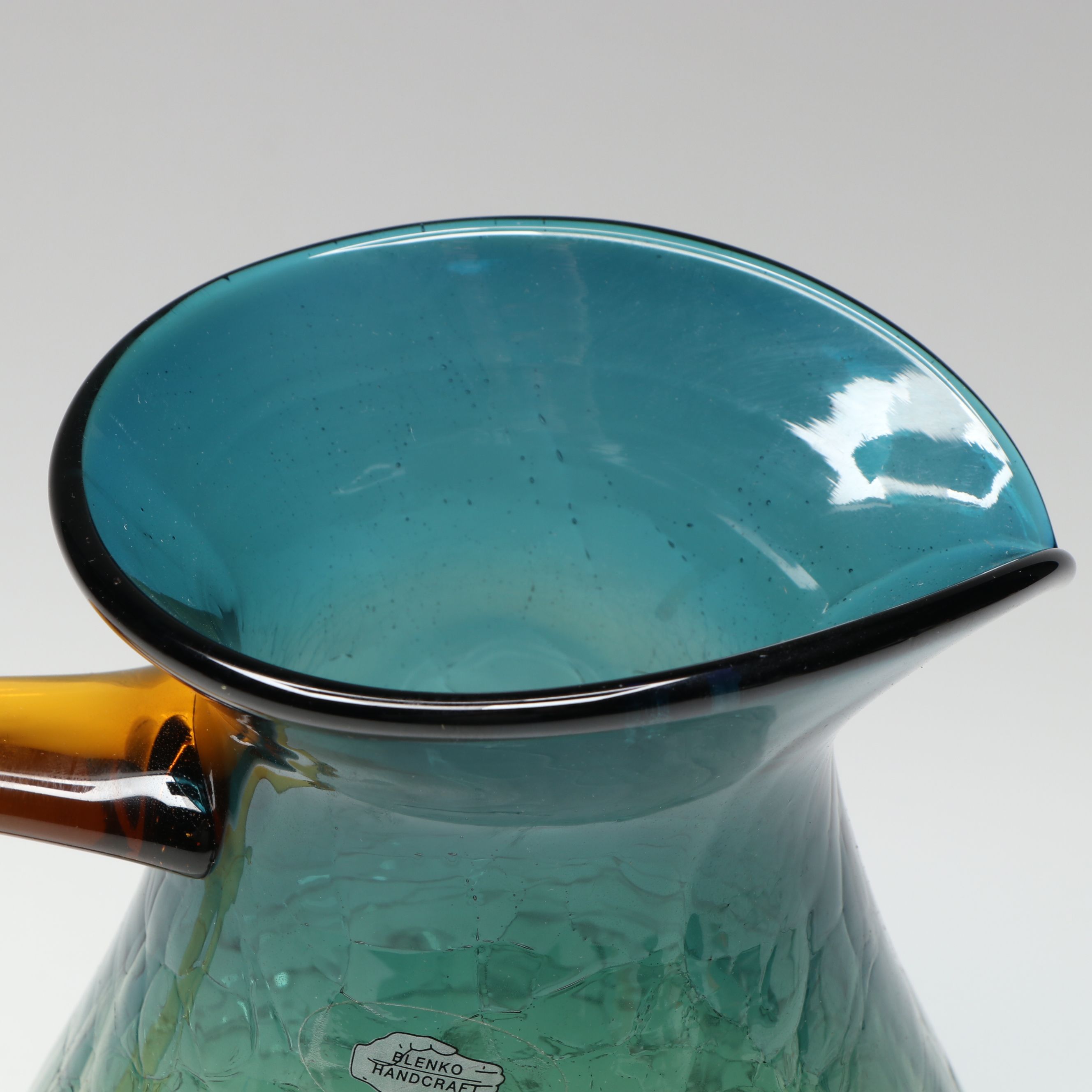 Blenko Blue and Amber Ombré Crackle Art Glass Pitcher