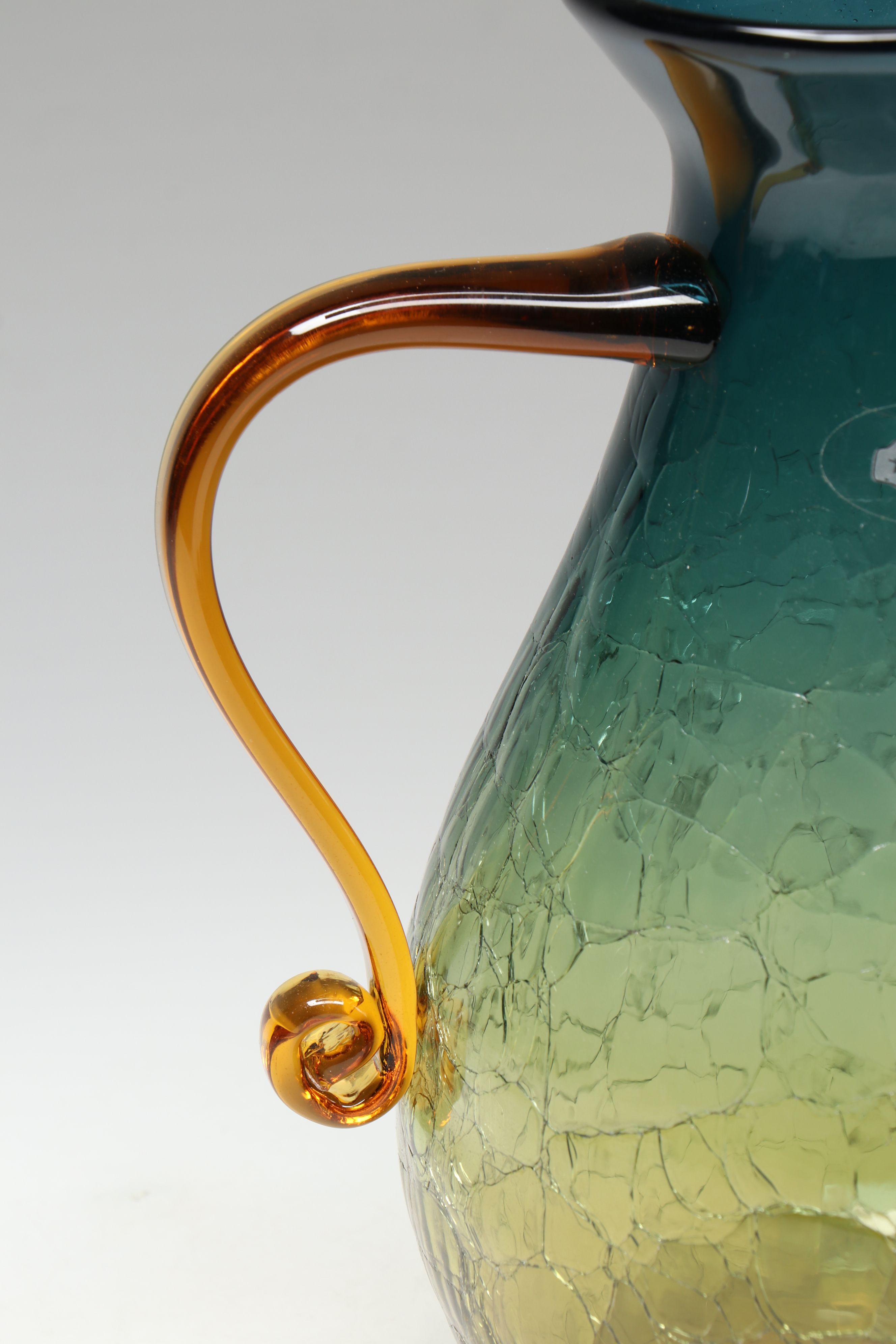 Blenko Blue and Amber Ombré Crackle Art Glass Pitcher