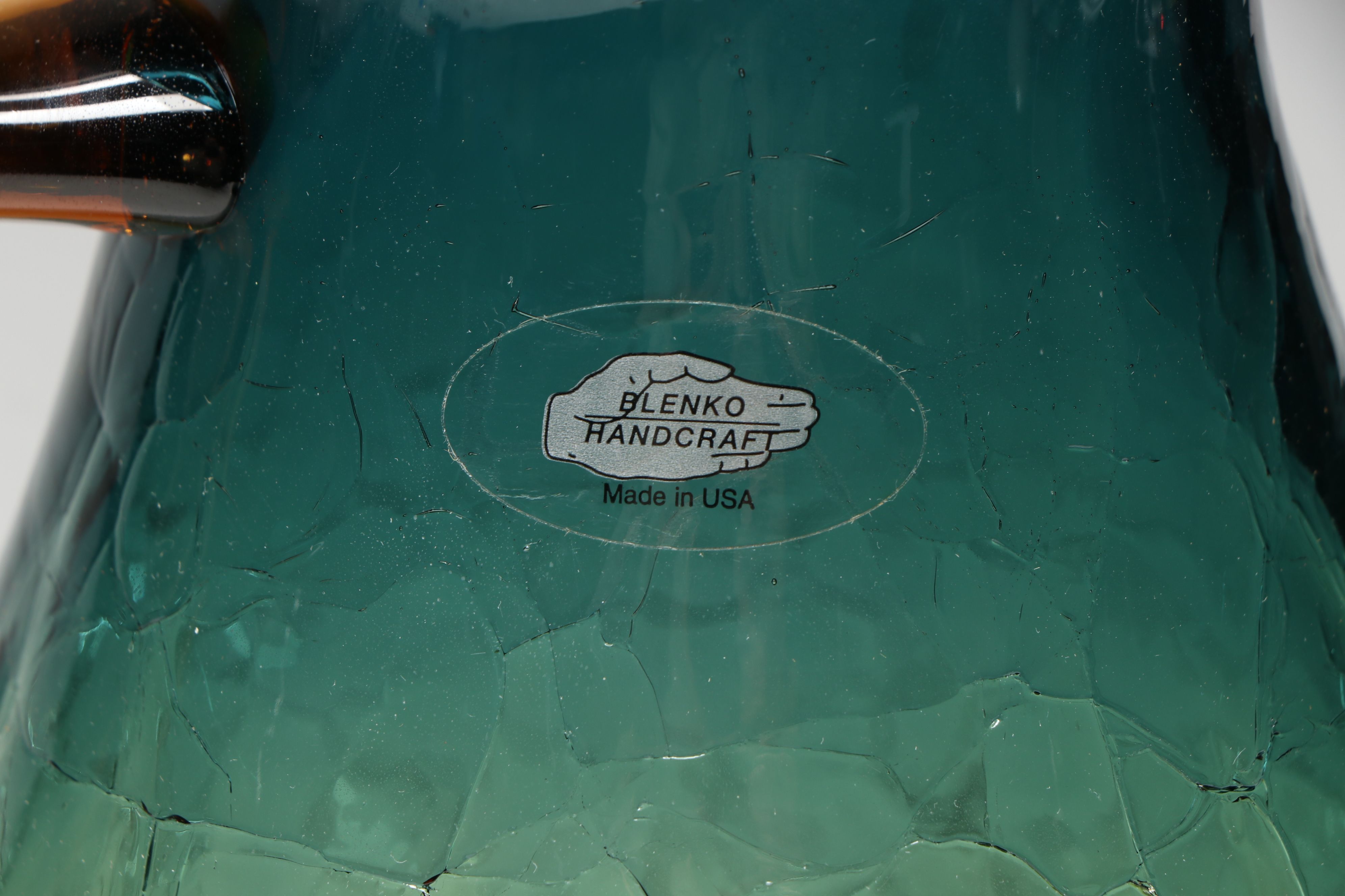 Blenko Blue and Amber Ombré Crackle Art Glass Pitcher