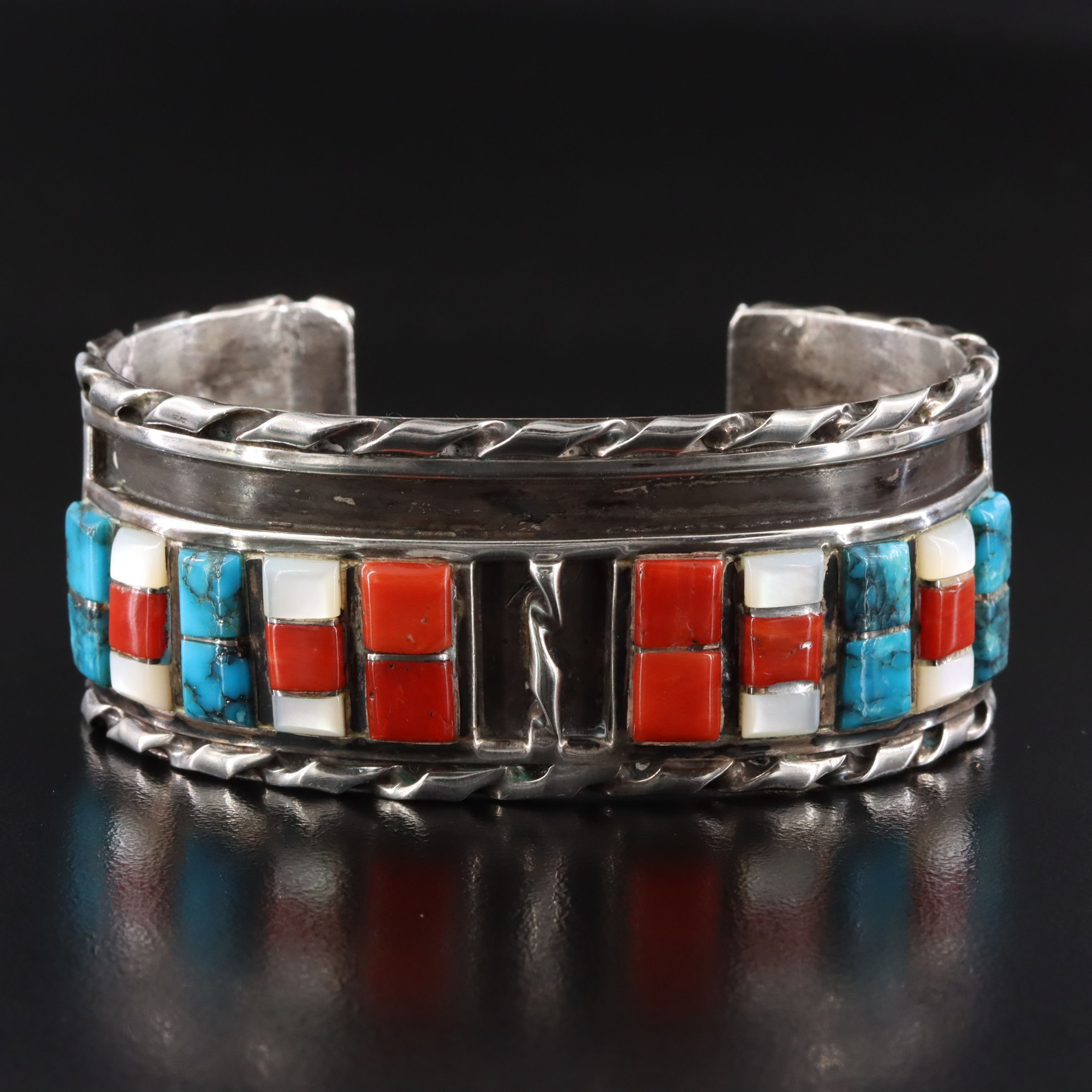 Gilbert Ortega Enterprises Sterling Turquoise, Coral & Mother-of-Pearl Bracelet