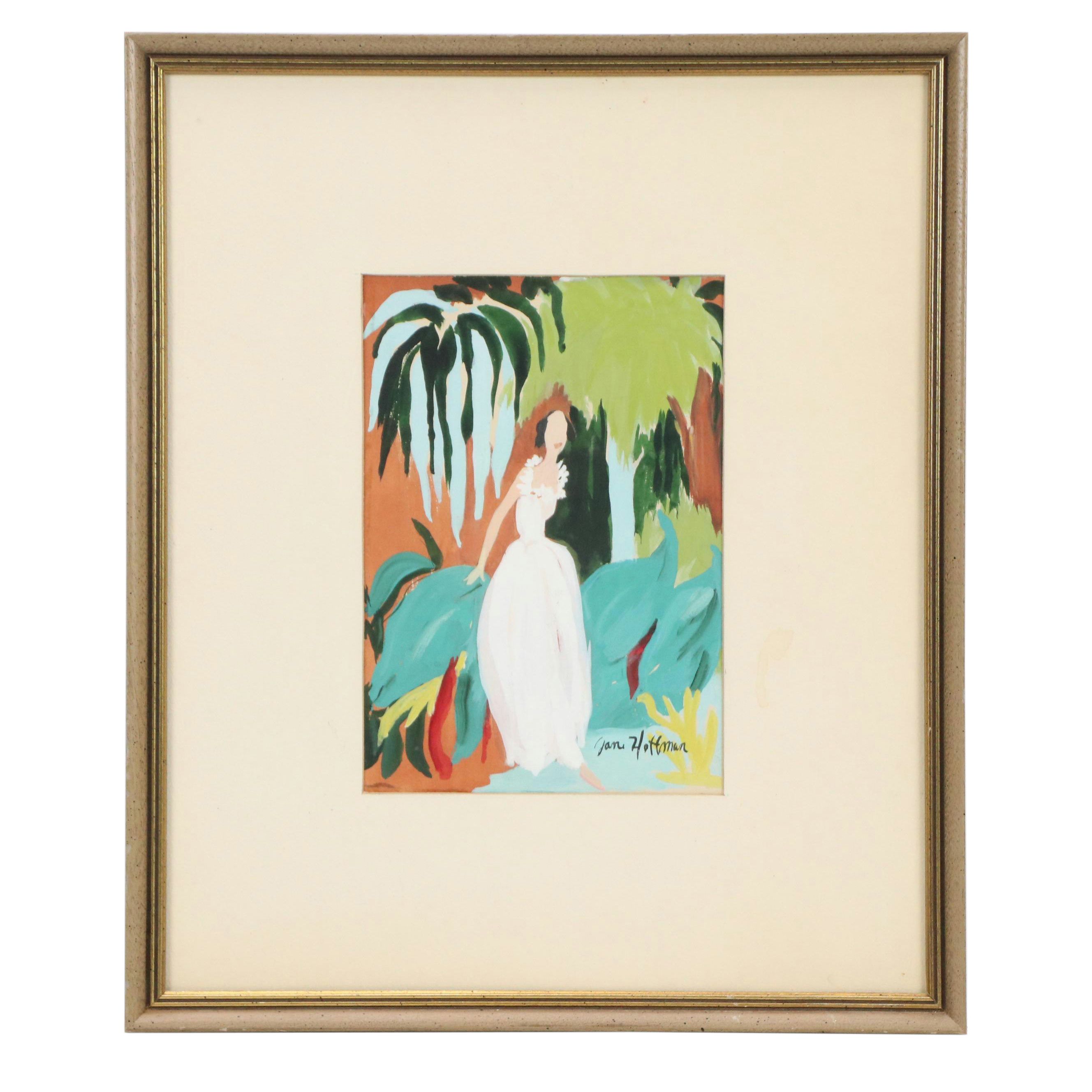 Jan Hoffman Gouache Painting of Figure in Landscape, Late 20th Century