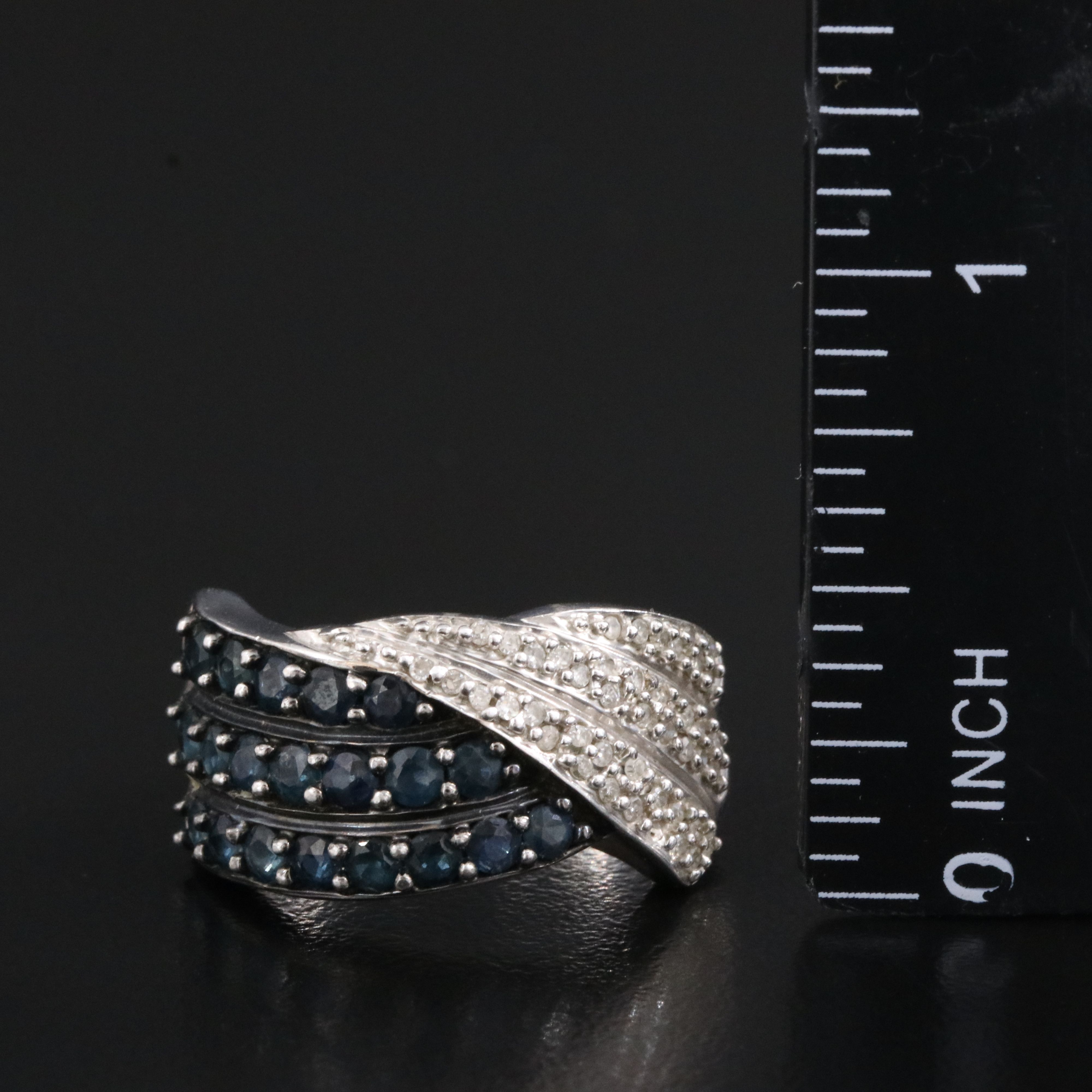 Sterling Crossover Diamond and Sapphire Ring