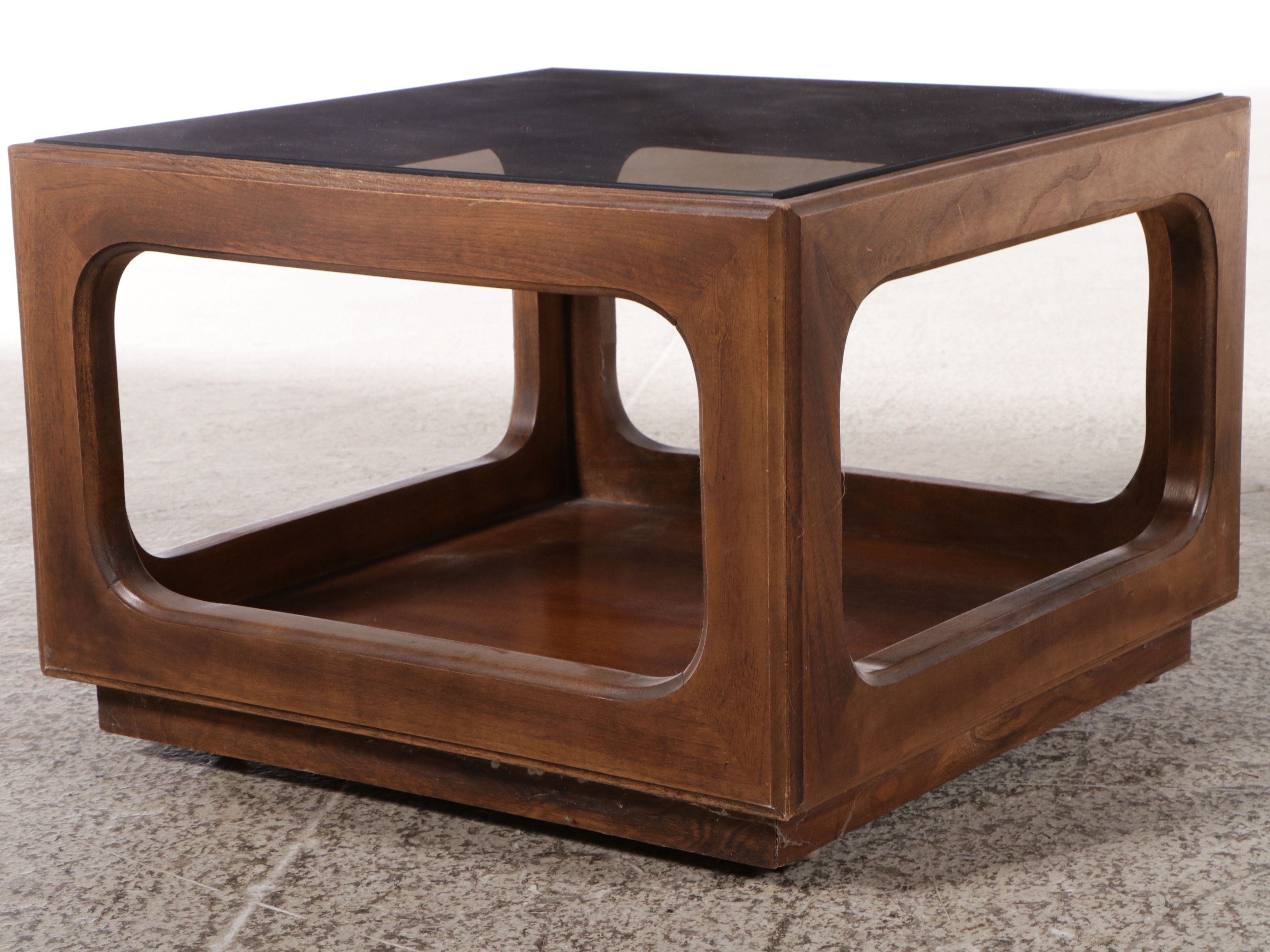 John Widdicomb Mid Century Modern End Table with Smoked Glass and Walnut Table
