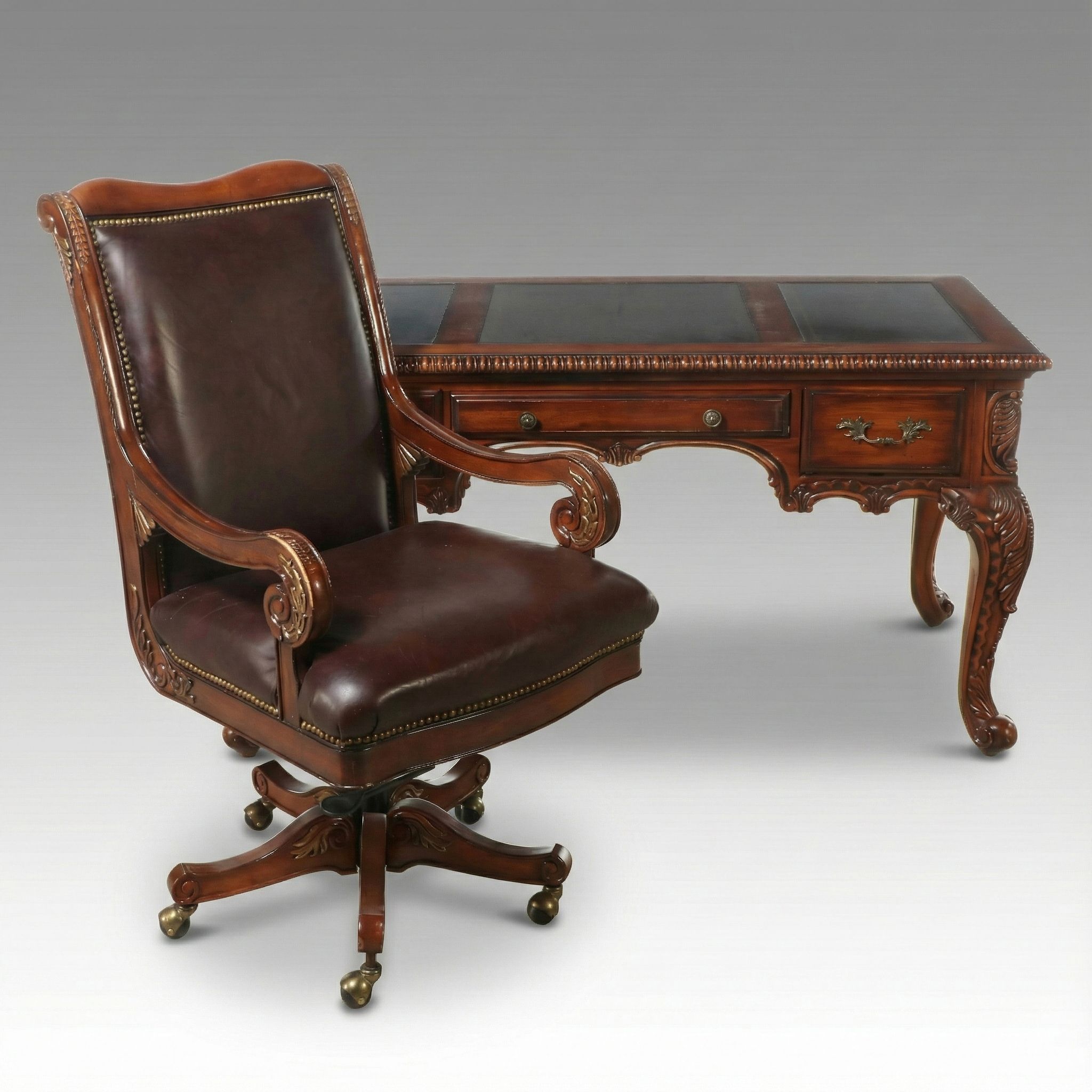 Bradington Young Italian Baroque Style Leather Top Desk and Office Chair