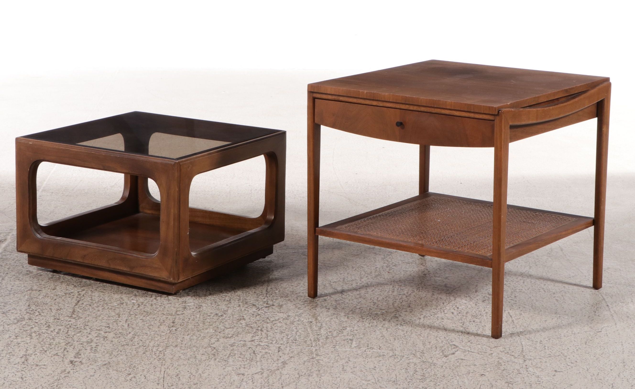 John Widdicomb Mid Century Modern End Table with Smoked Glass and Walnut Table