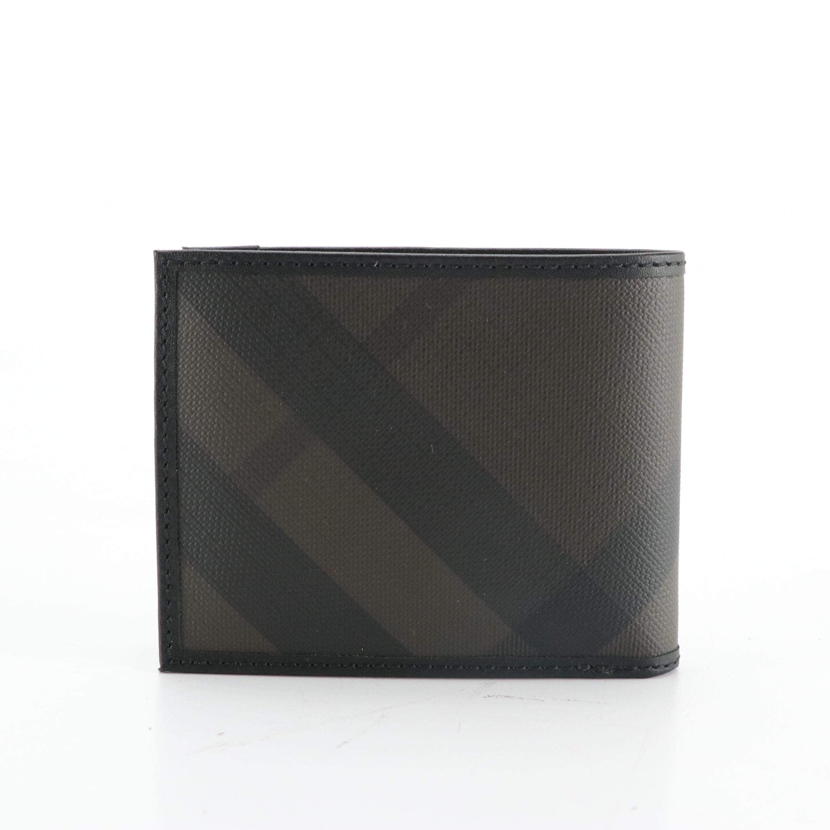 Burberry Hipfold Wallet in Smoke Check Coated Canvas and Black Leather, With Box