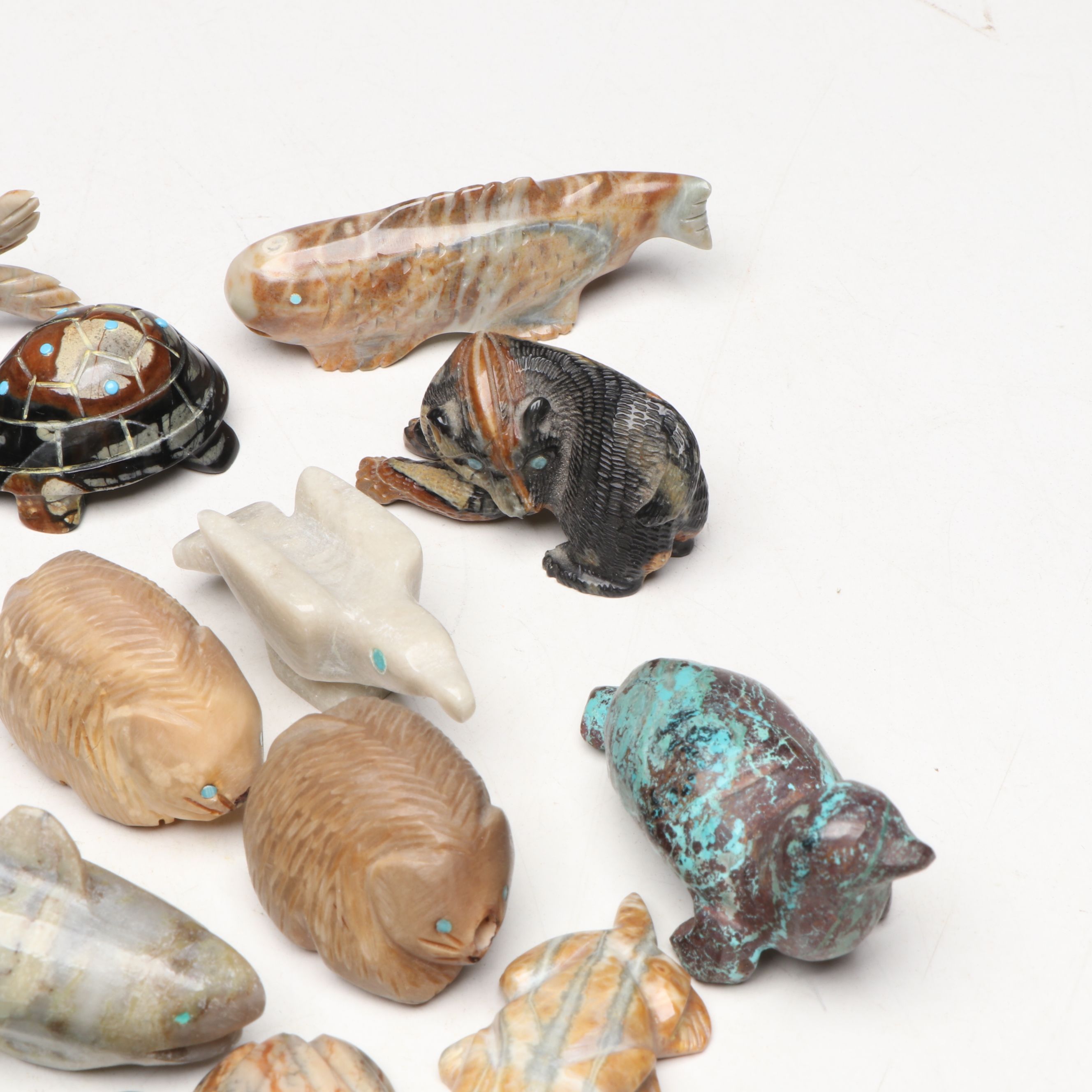 Herbert Him Marble Fish with More Zuni Carved Stone Animal Fetishes