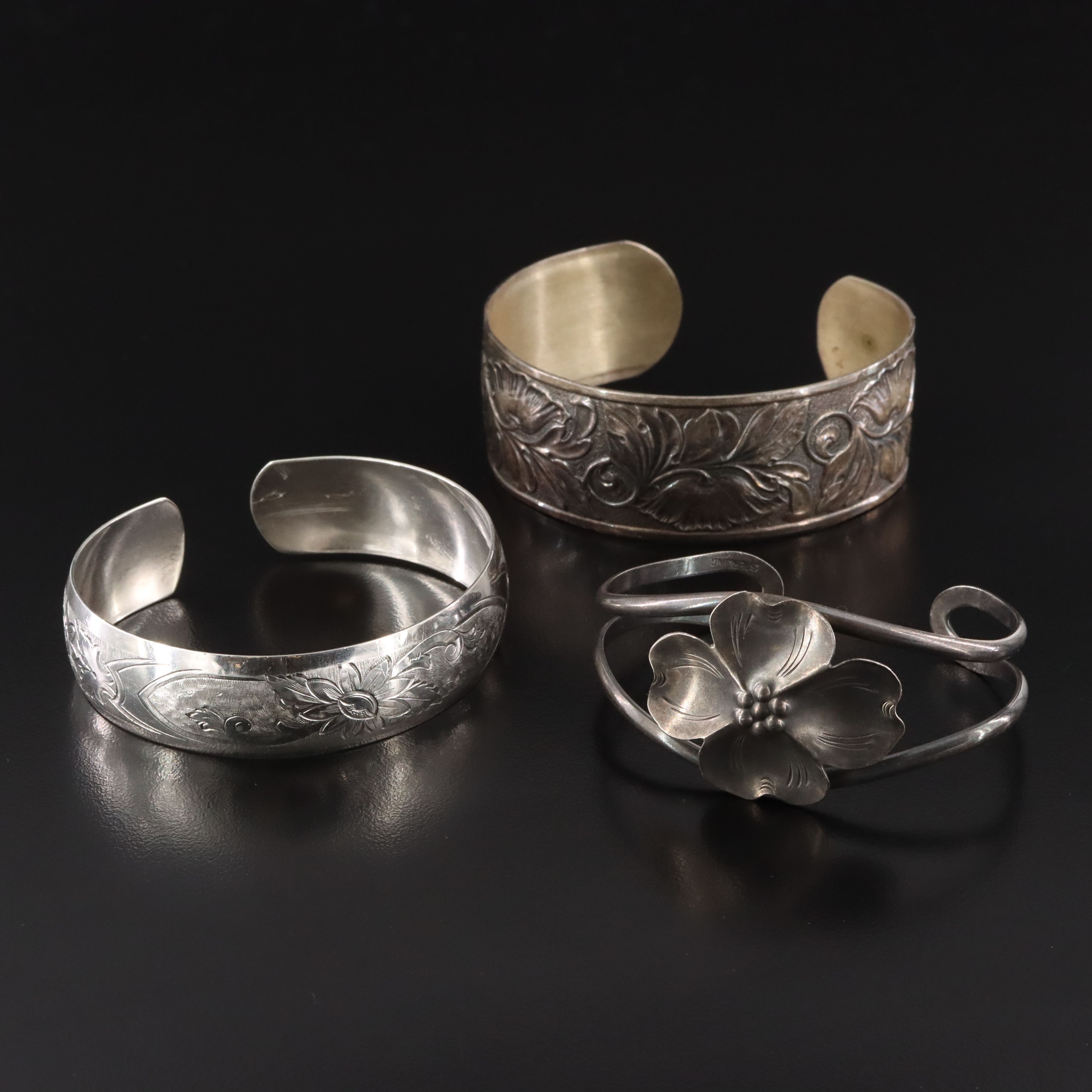 Vintage Sterling Floral Cuffs Including Stuart Nye "Dogwood"