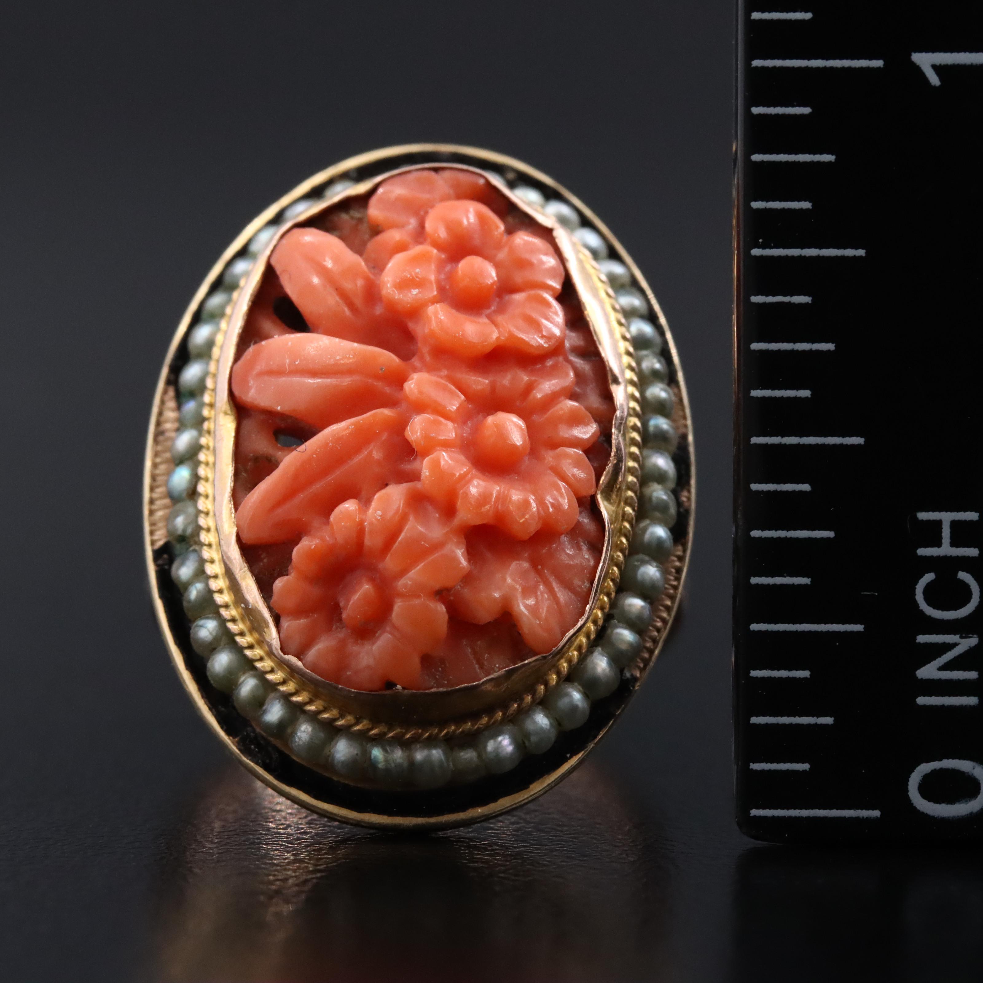 Victorian 14K Carved Coral, Seed Pearl, and Enamel Ring