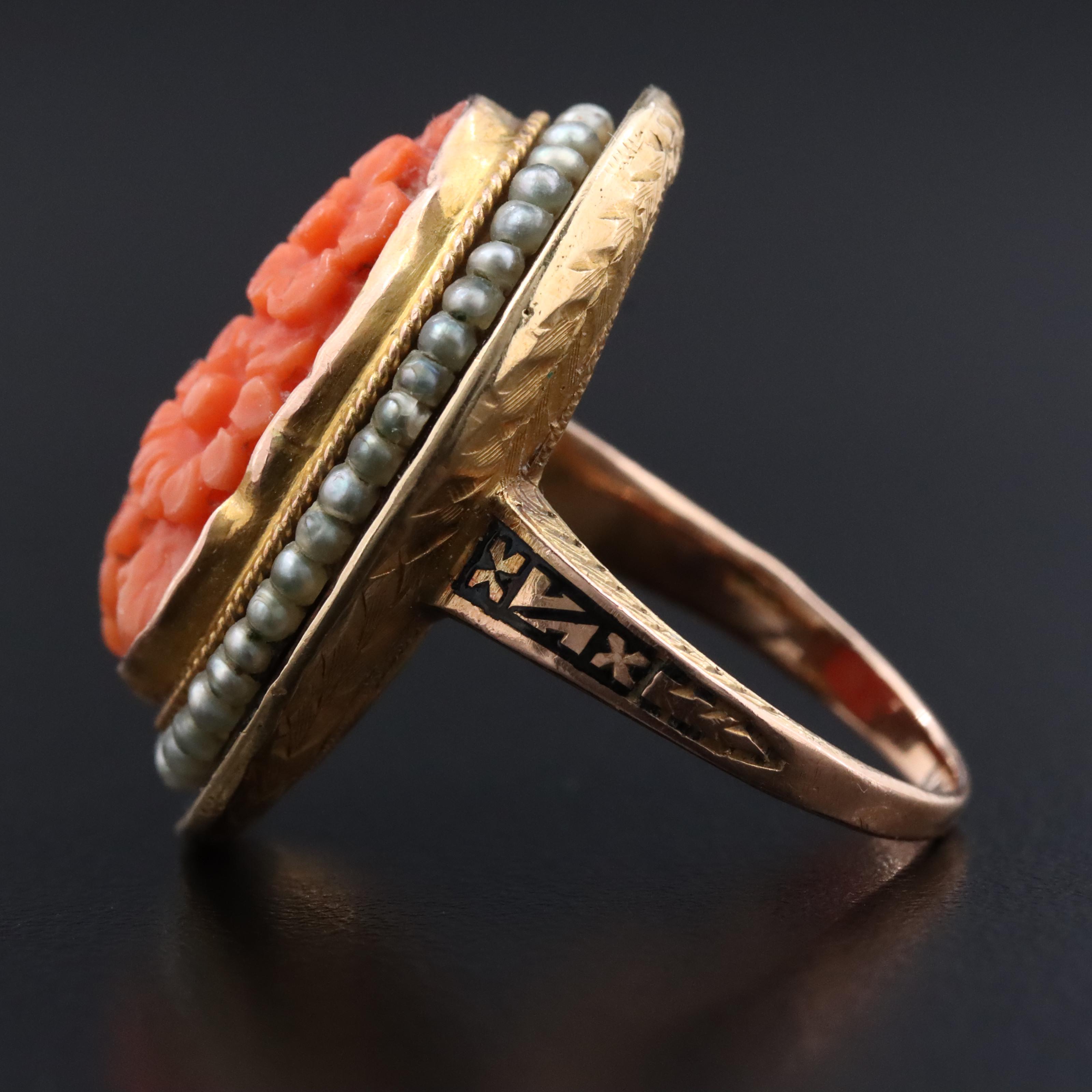 Victorian 14K Carved Coral, Seed Pearl, and Enamel Ring