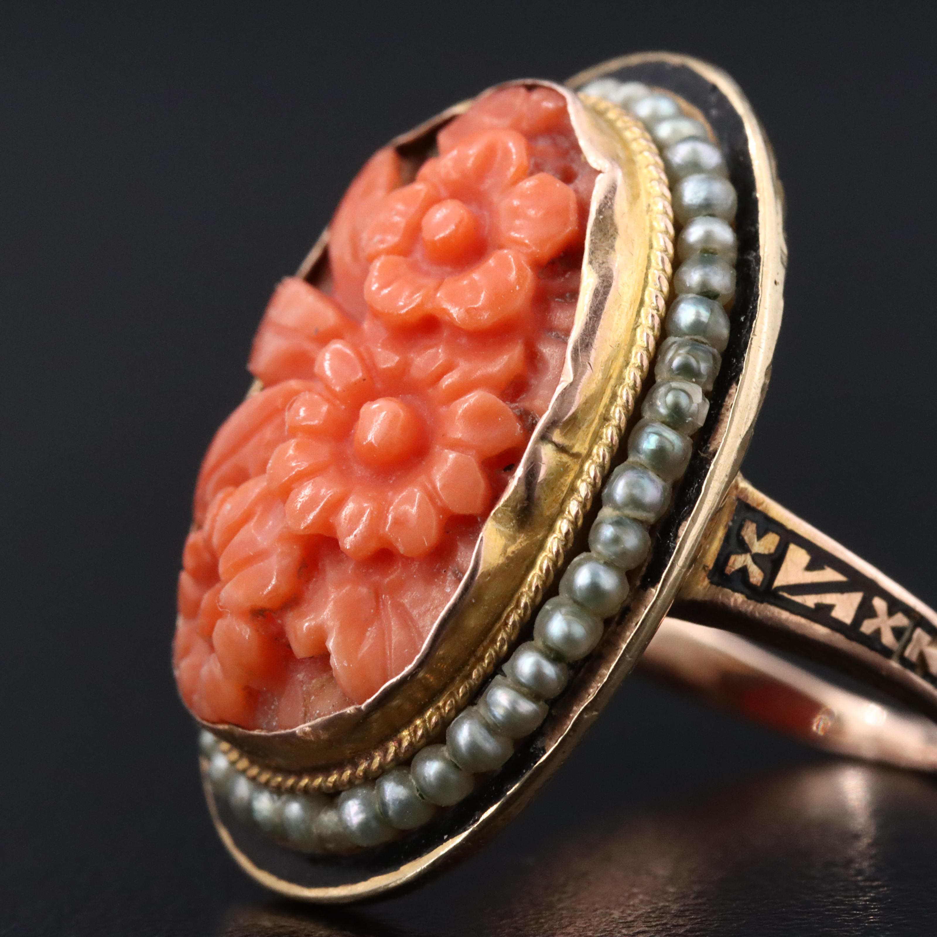 Victorian 14K Carved Coral, Seed Pearl, and Enamel Ring