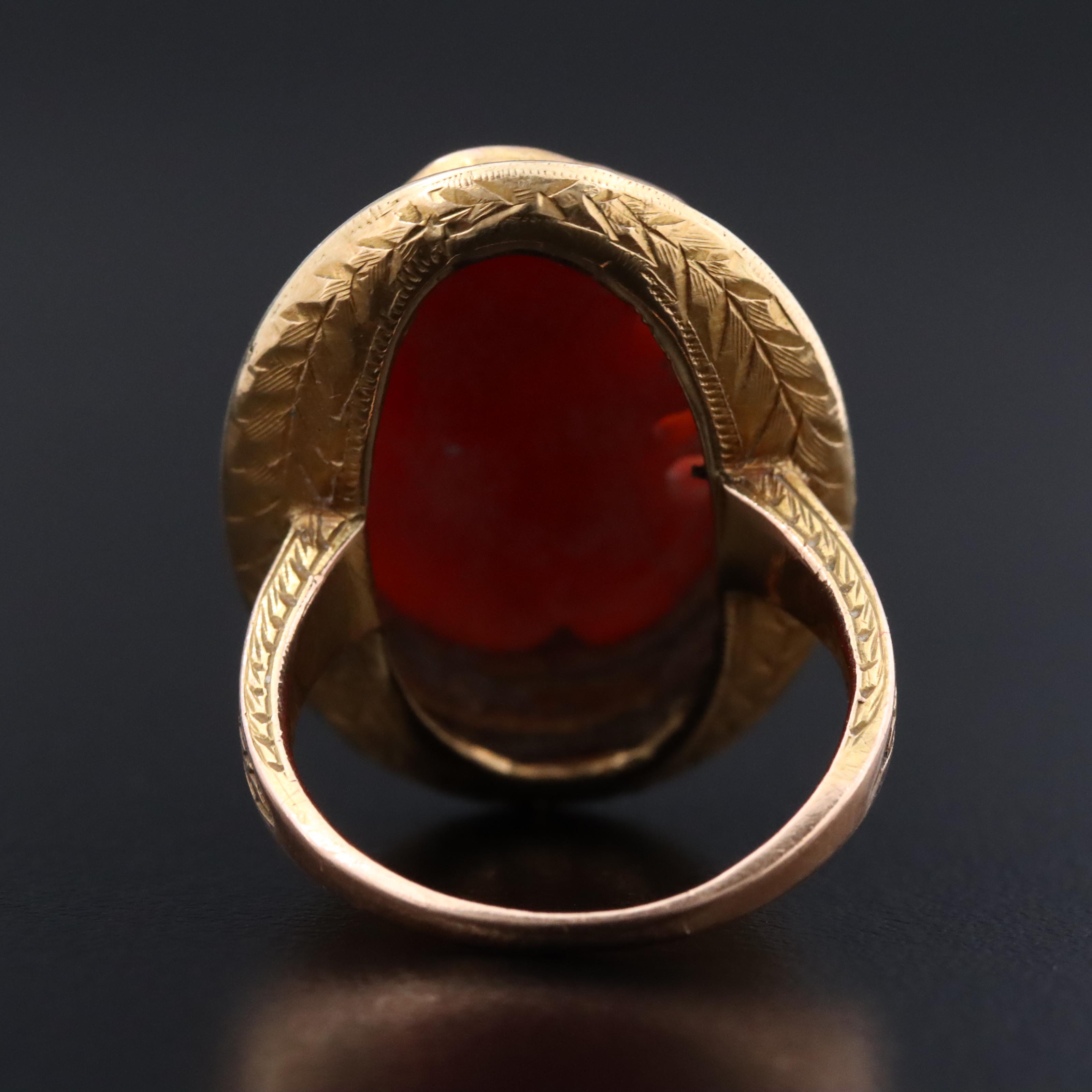 Victorian 14K Carved Coral, Seed Pearl, and Enamel Ring