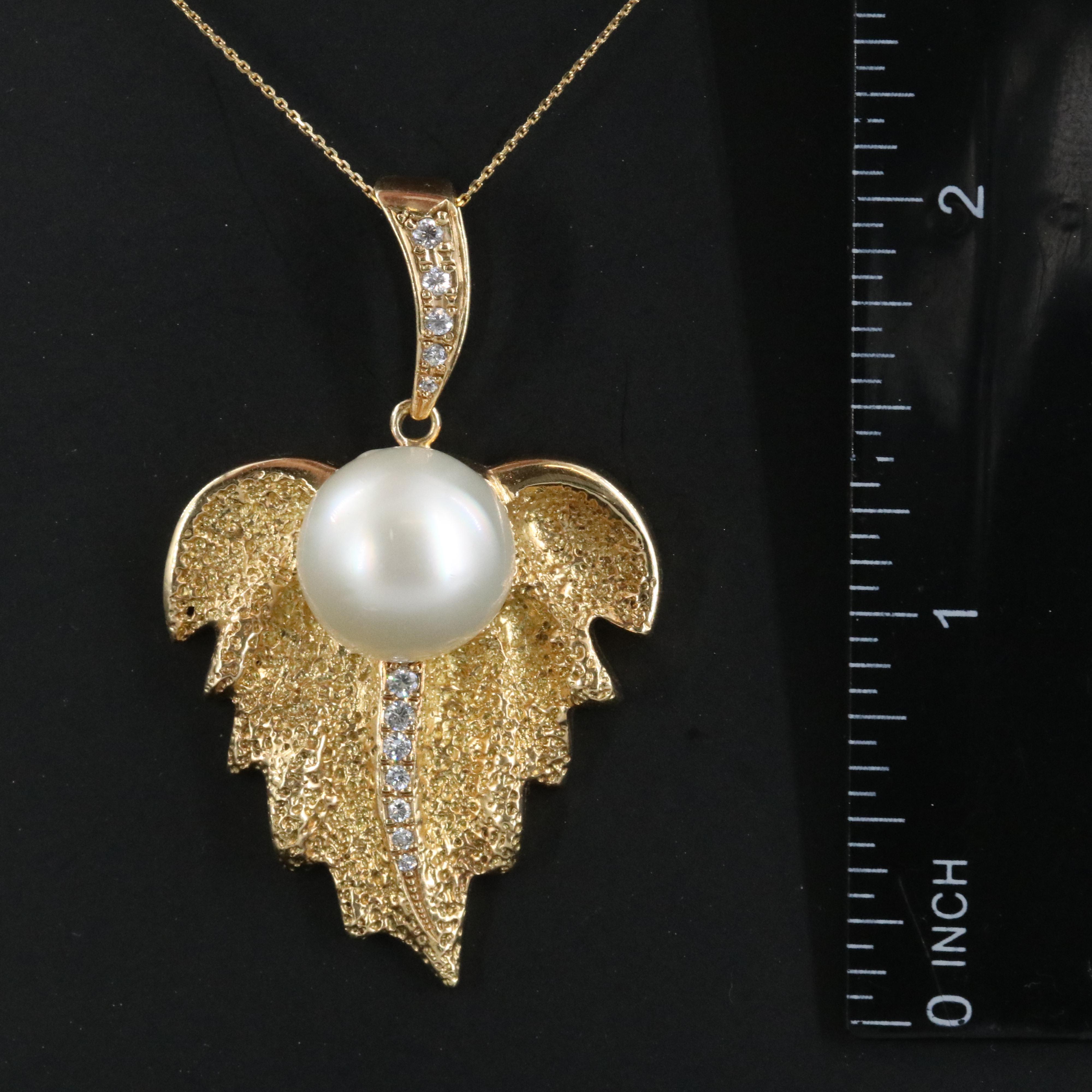18K Pearl and Diamond Leaf Pendant Necklace