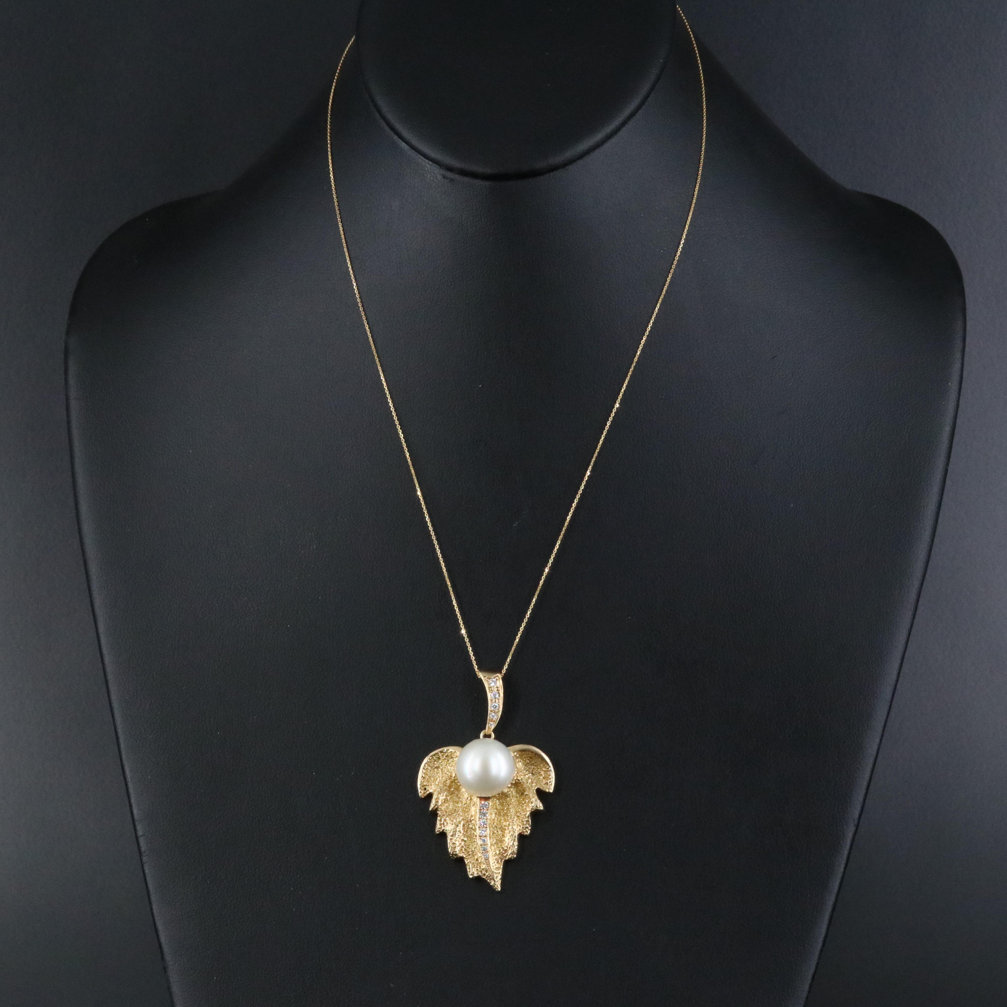 18K Pearl and Diamond Leaf Pendant Necklace