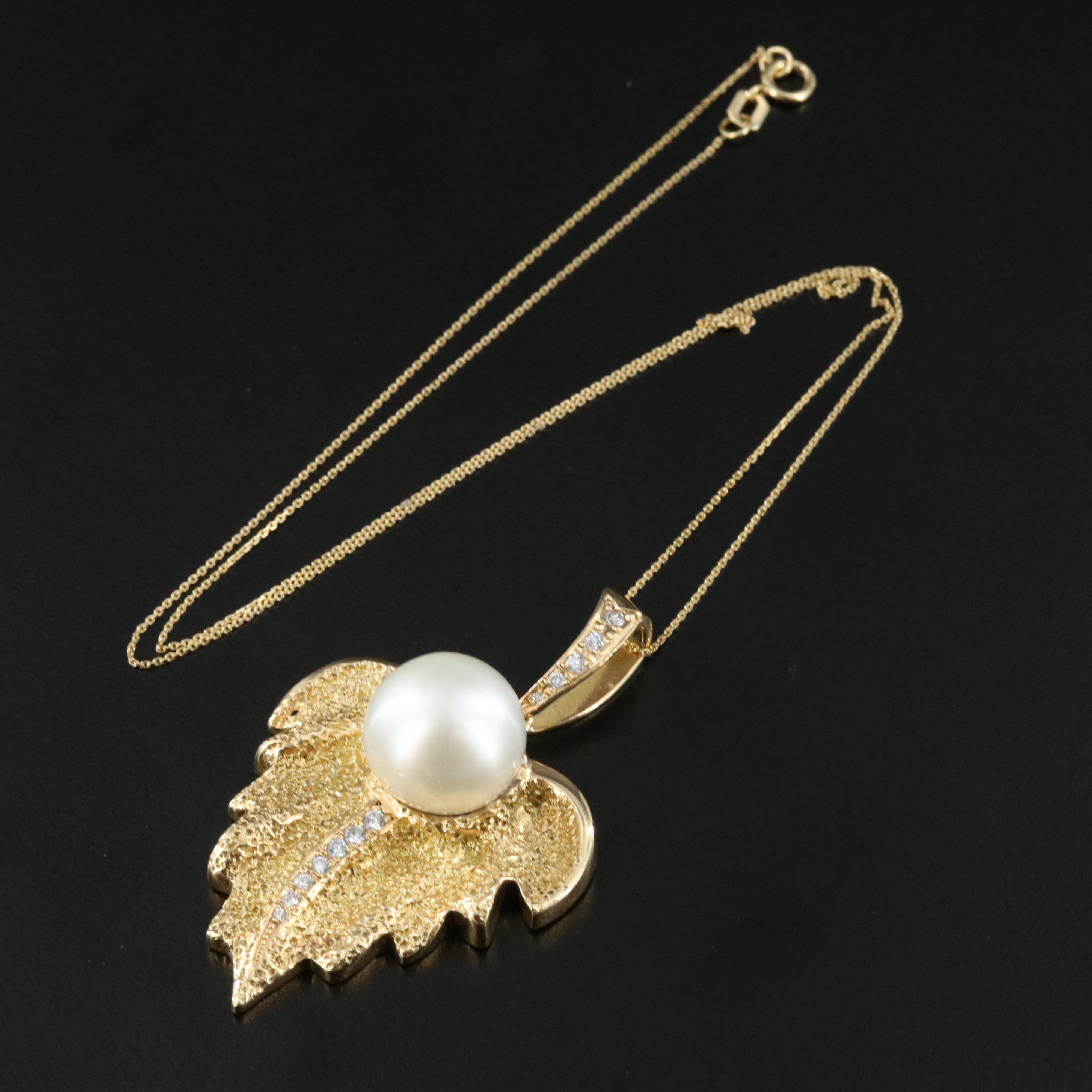 18K Pearl and Diamond Leaf Pendant Necklace