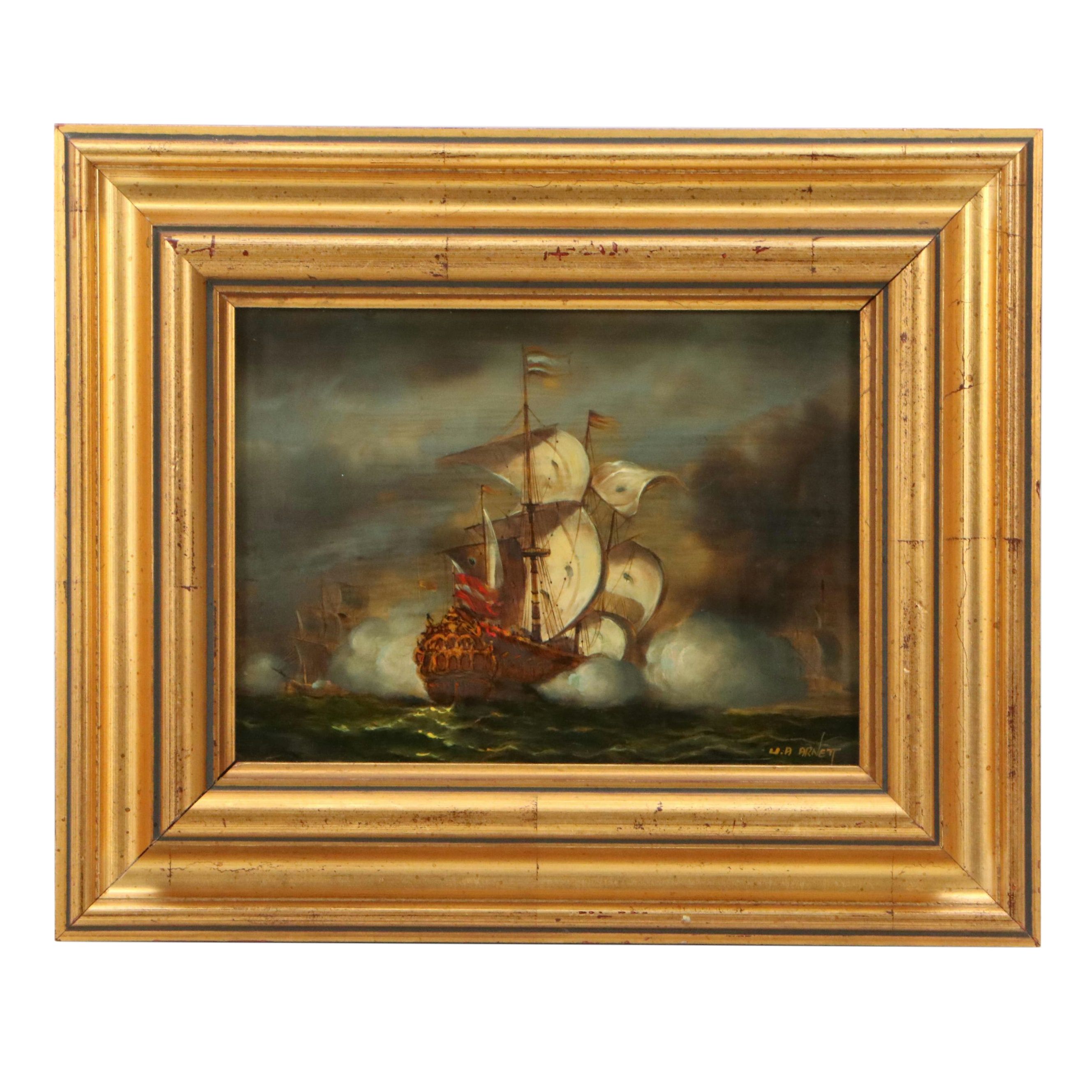 W. A. Arnett Maritime Oil Painting of Tall Ship, Late 19th to Early 20th Century