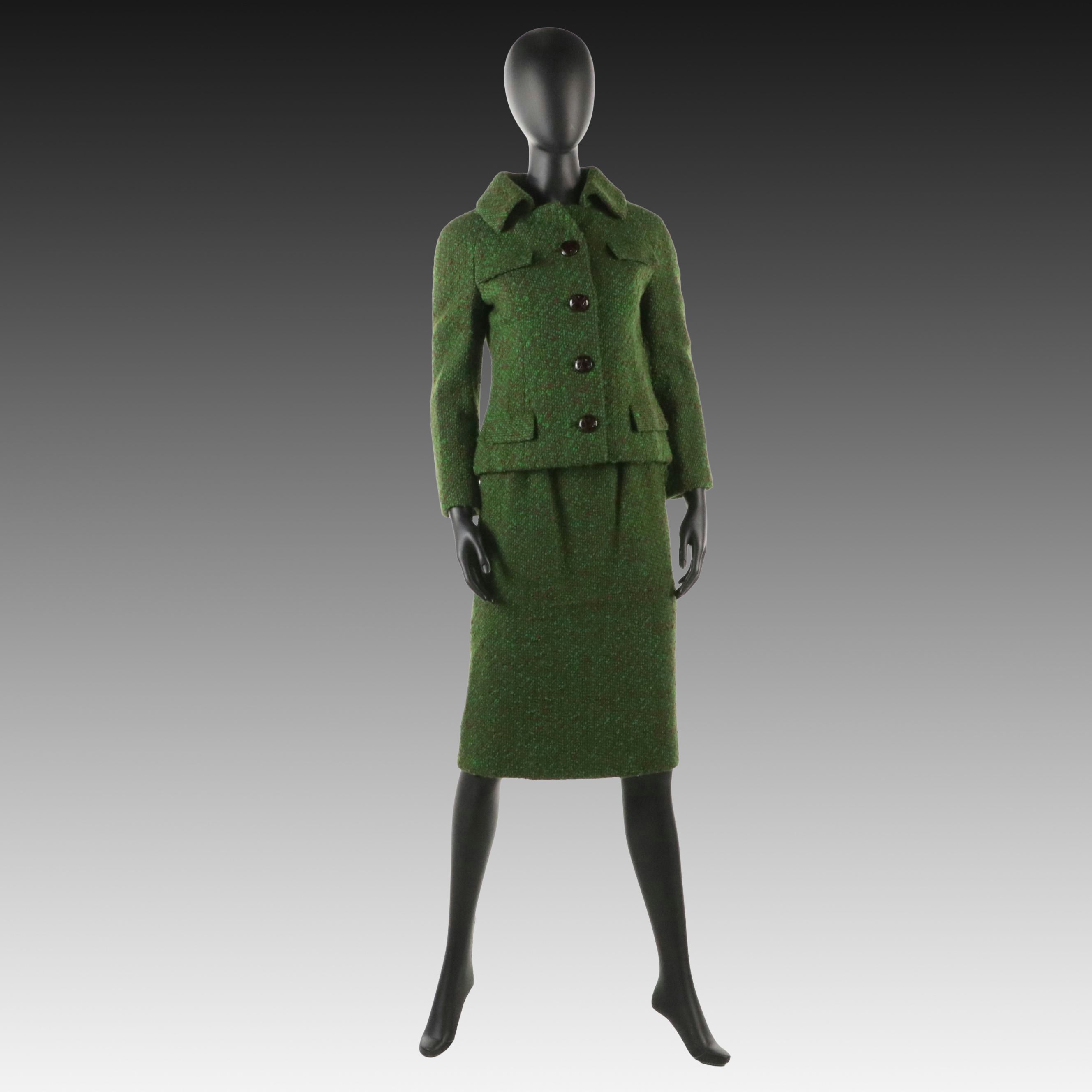 Elizabeth Arden Vintage Green and Brown Wool Tweed Skirt Suit
