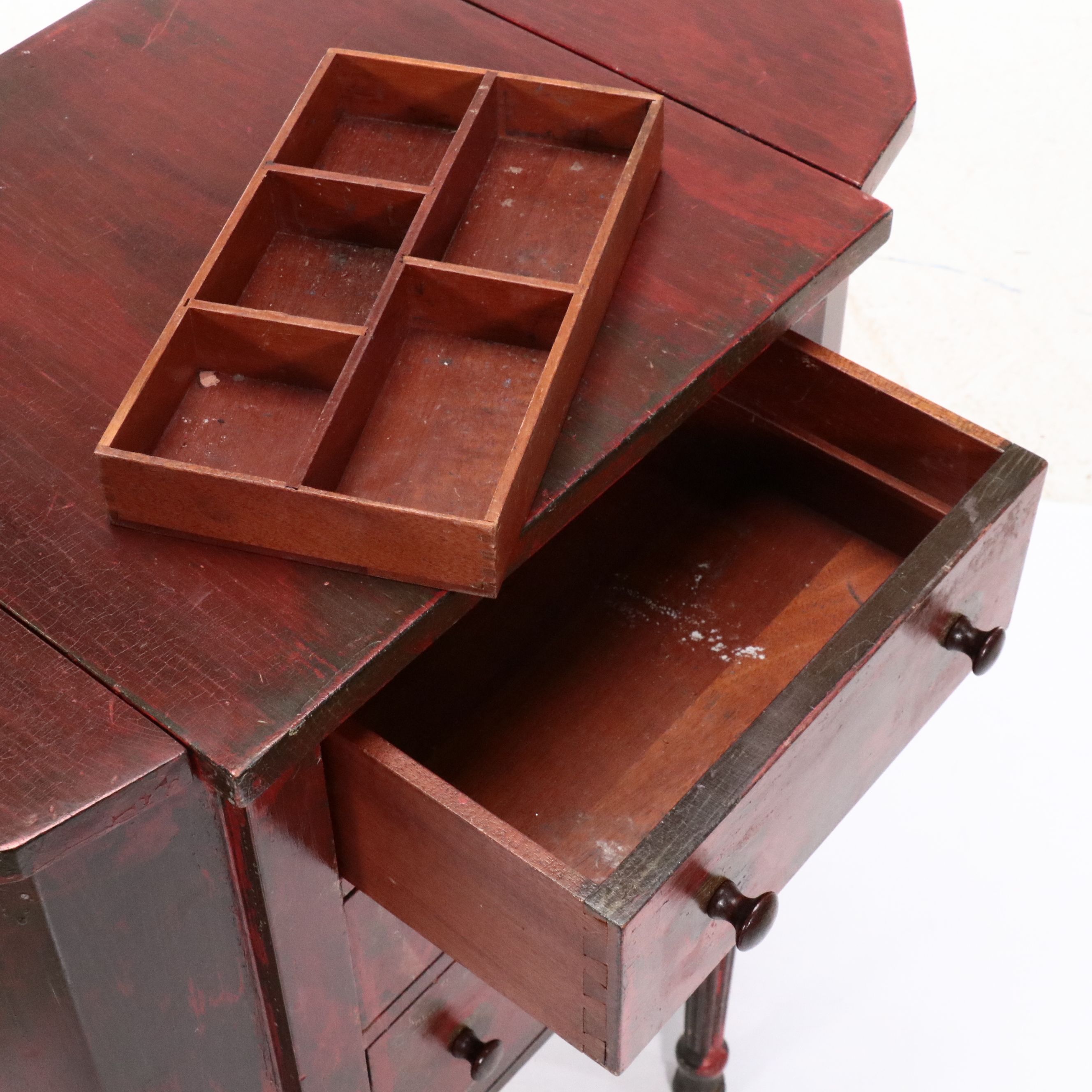 F. B. M. Co. Martha Washington Style Red Lacquered Sewing Cabinet