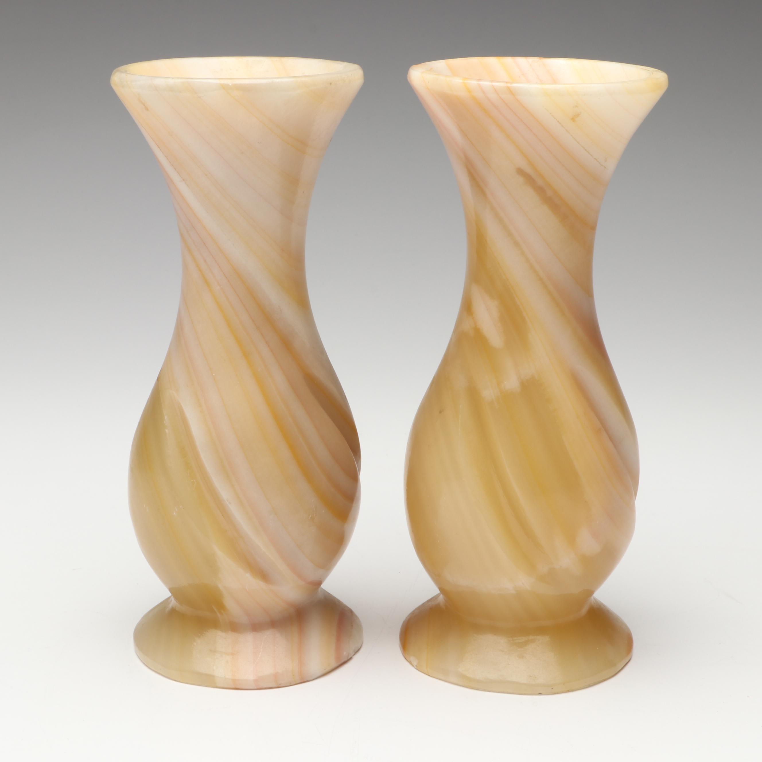 Pair of Banded Calcite Candlesticks and Glass Apothecary Jar with Shells