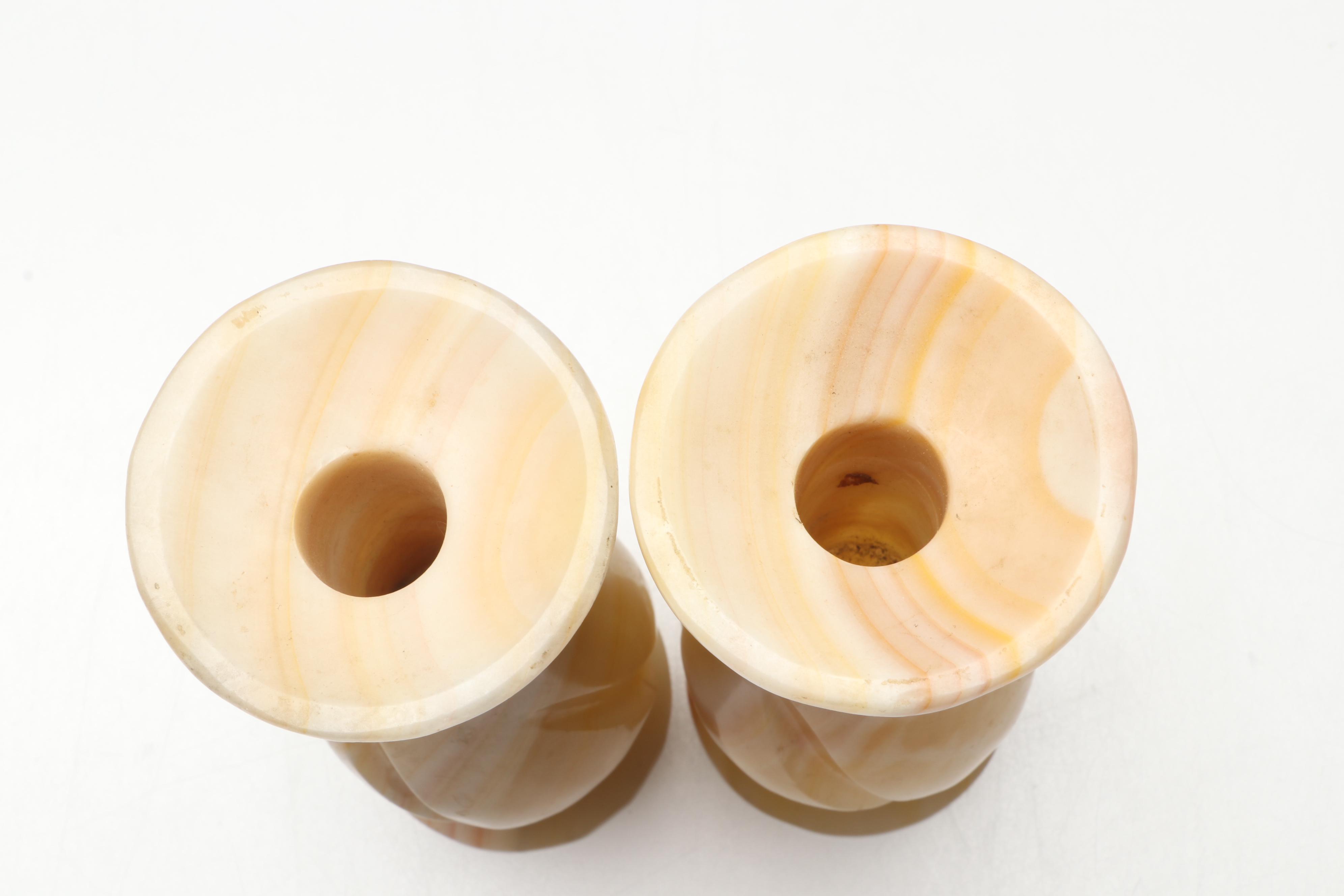 Pair of Banded Calcite Candlesticks and Glass Apothecary Jar with Shells