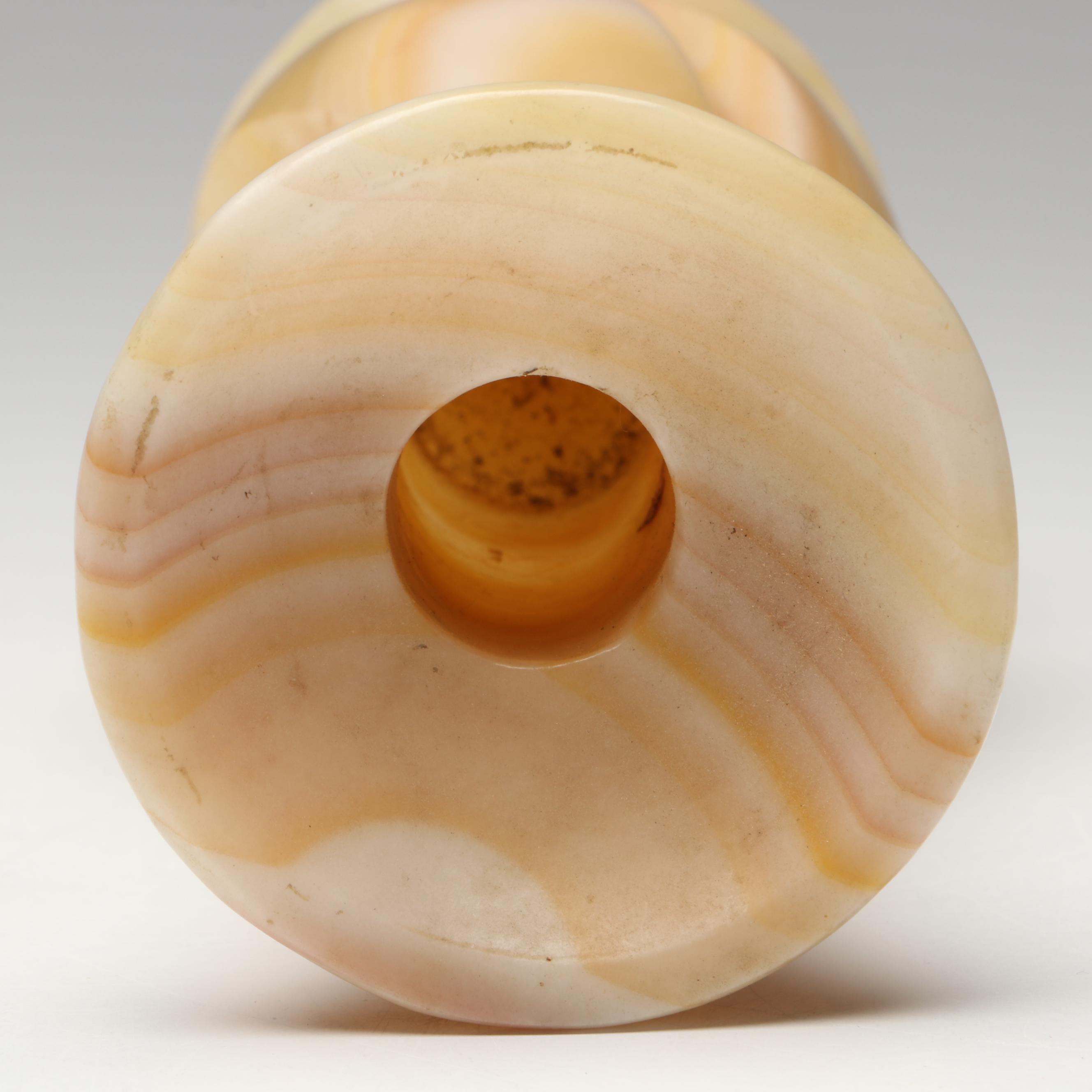 Pair of Banded Calcite Candlesticks and Glass Apothecary Jar with Shells