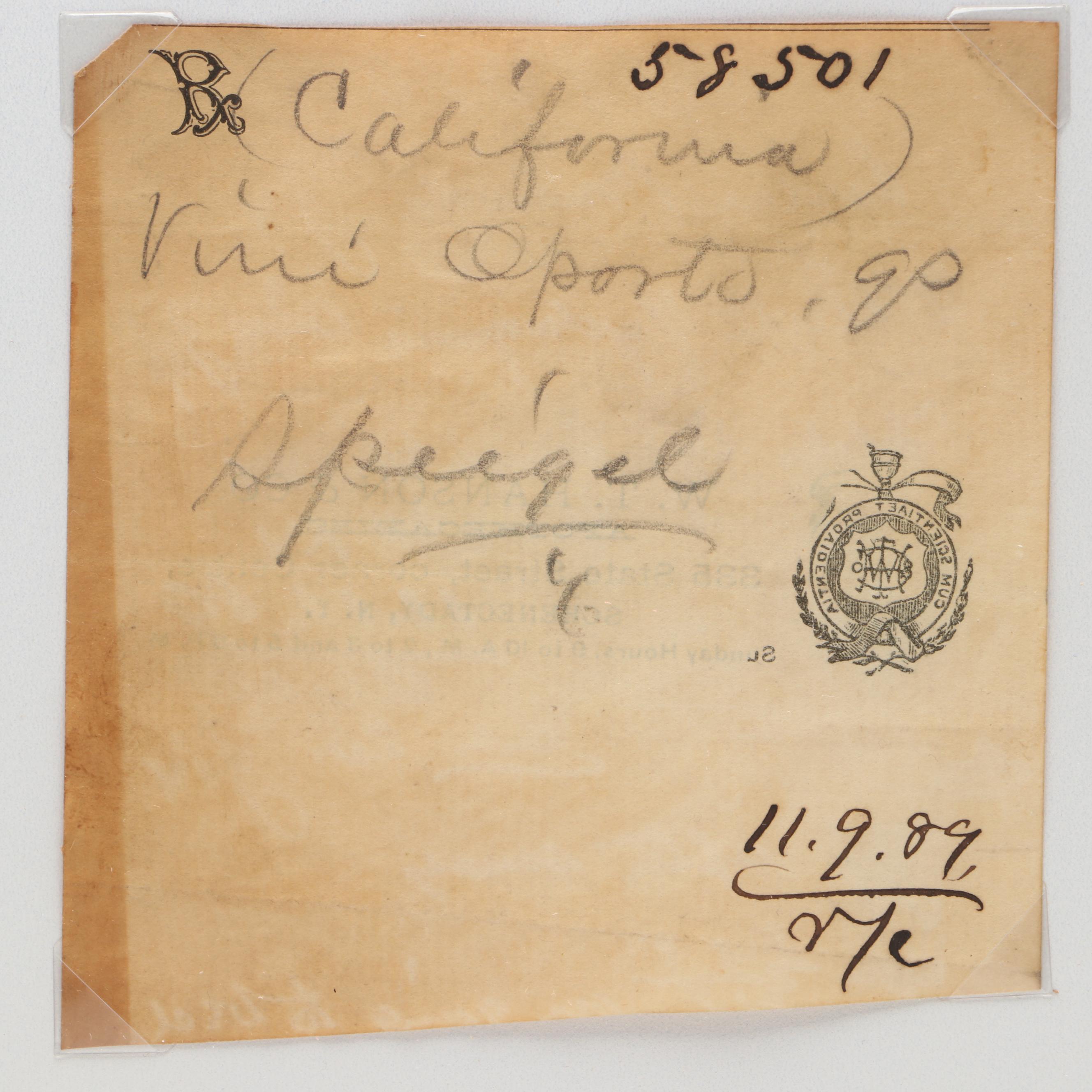 Prescription Form for California Port Wine, 1889