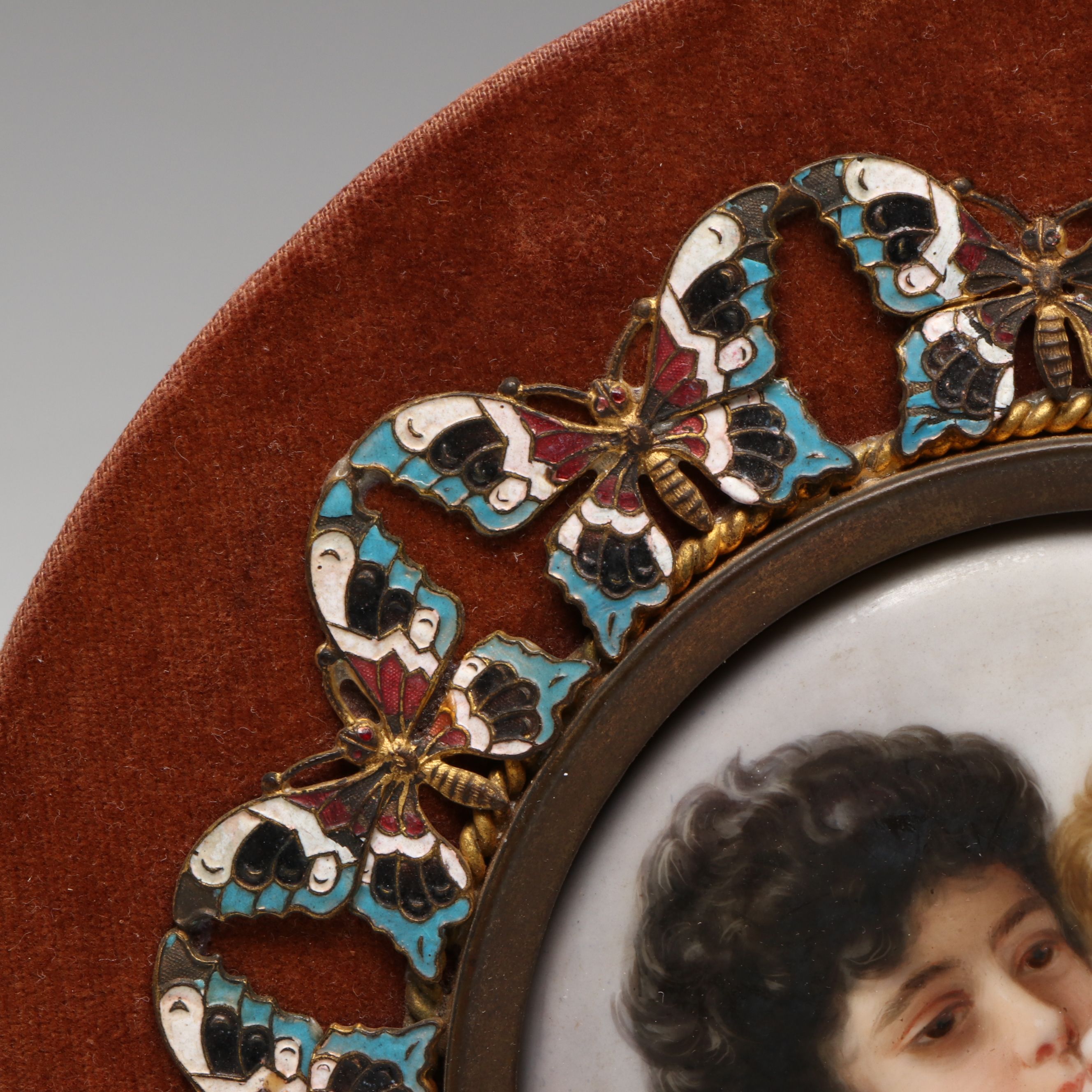 Wagner Hand-Painted Porcelain Plaque with Enameled Butterfly Frame, Late 19th C.