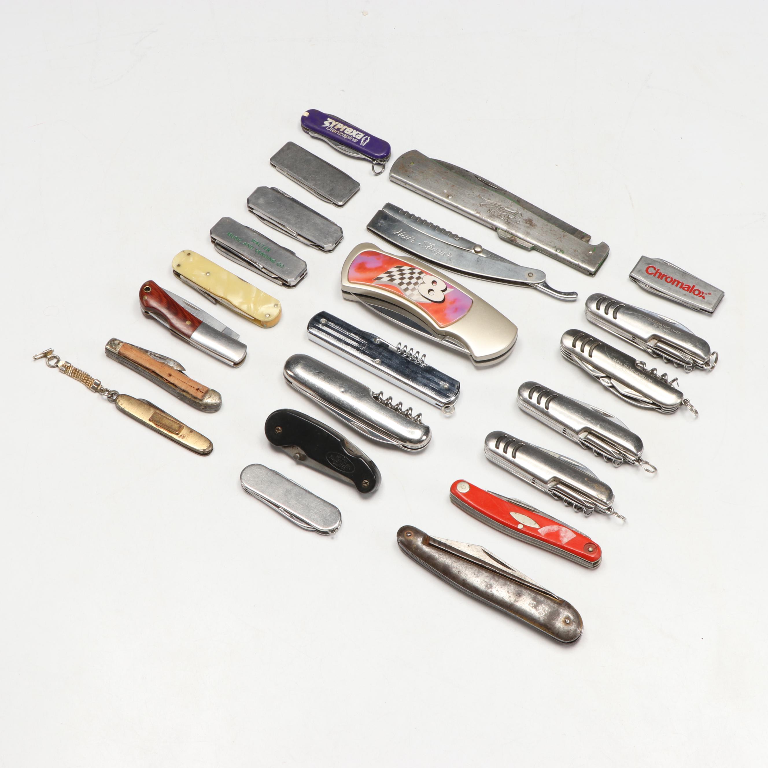 Collection of Stainless Steel Pocket Knives and Hair Shaper