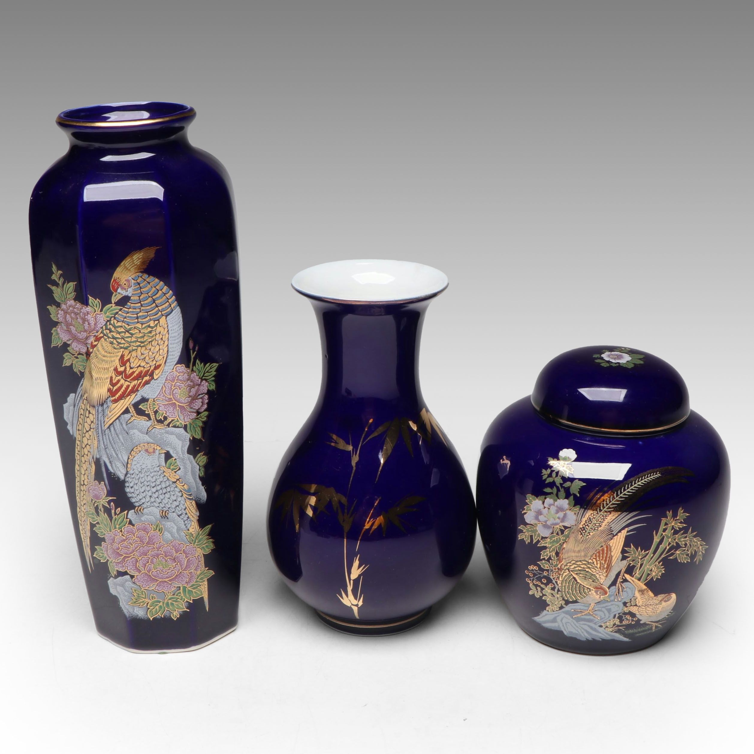 Japanese Cobalt Porcelain Vases and Ginger Jar