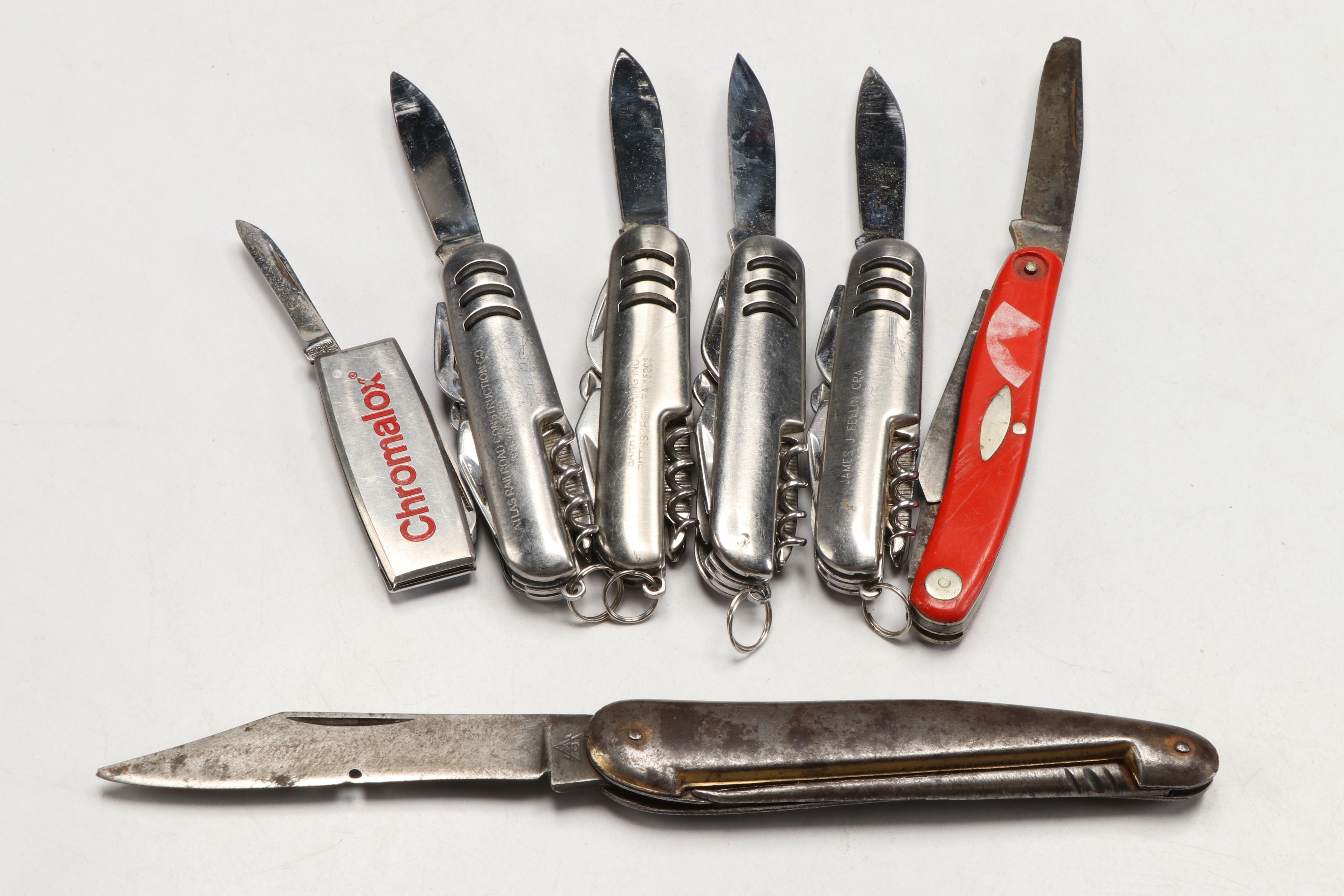 Collection of Stainless Steel Pocket Knives and Hair Shaper