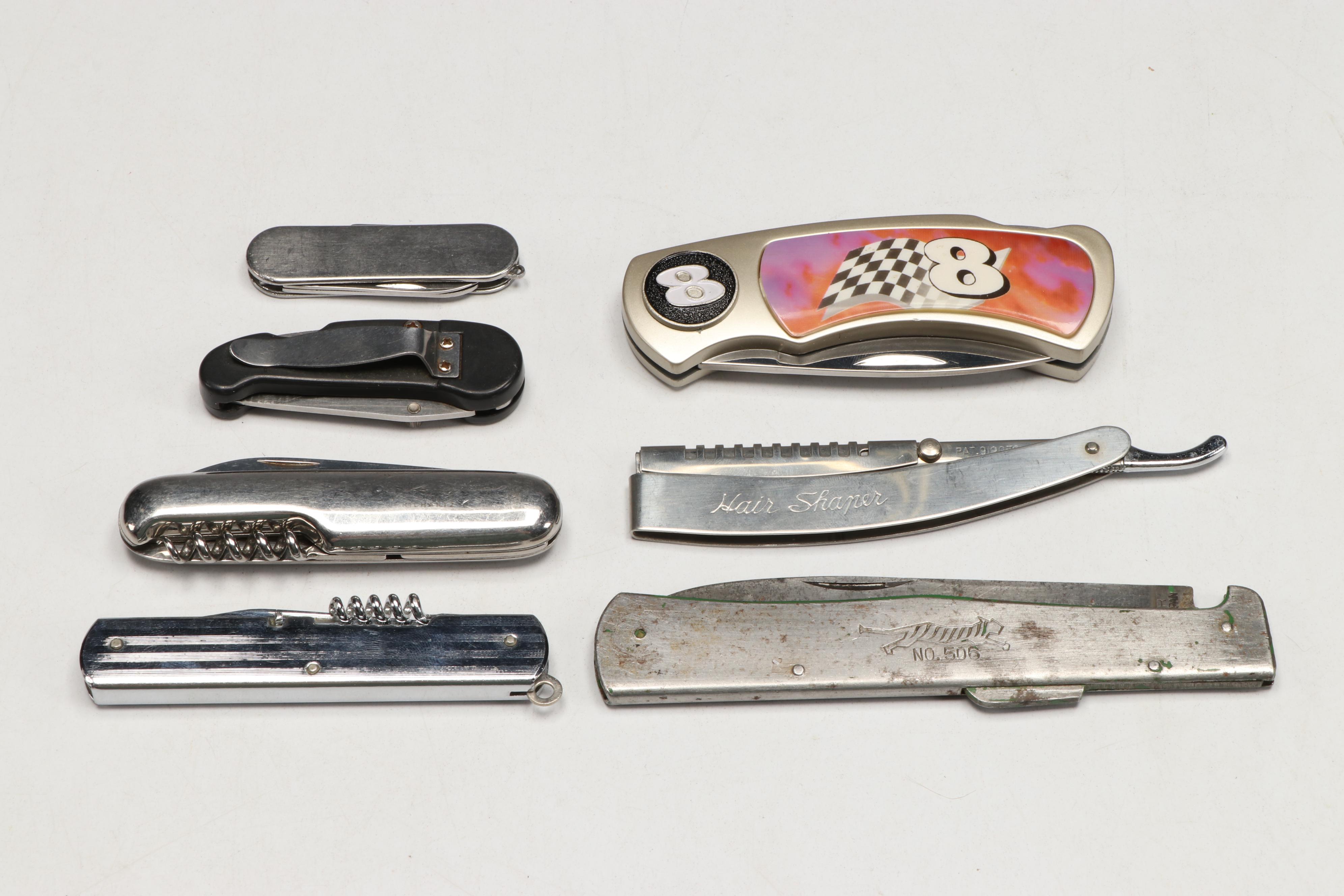 Collection of Stainless Steel Pocket Knives and Hair Shaper