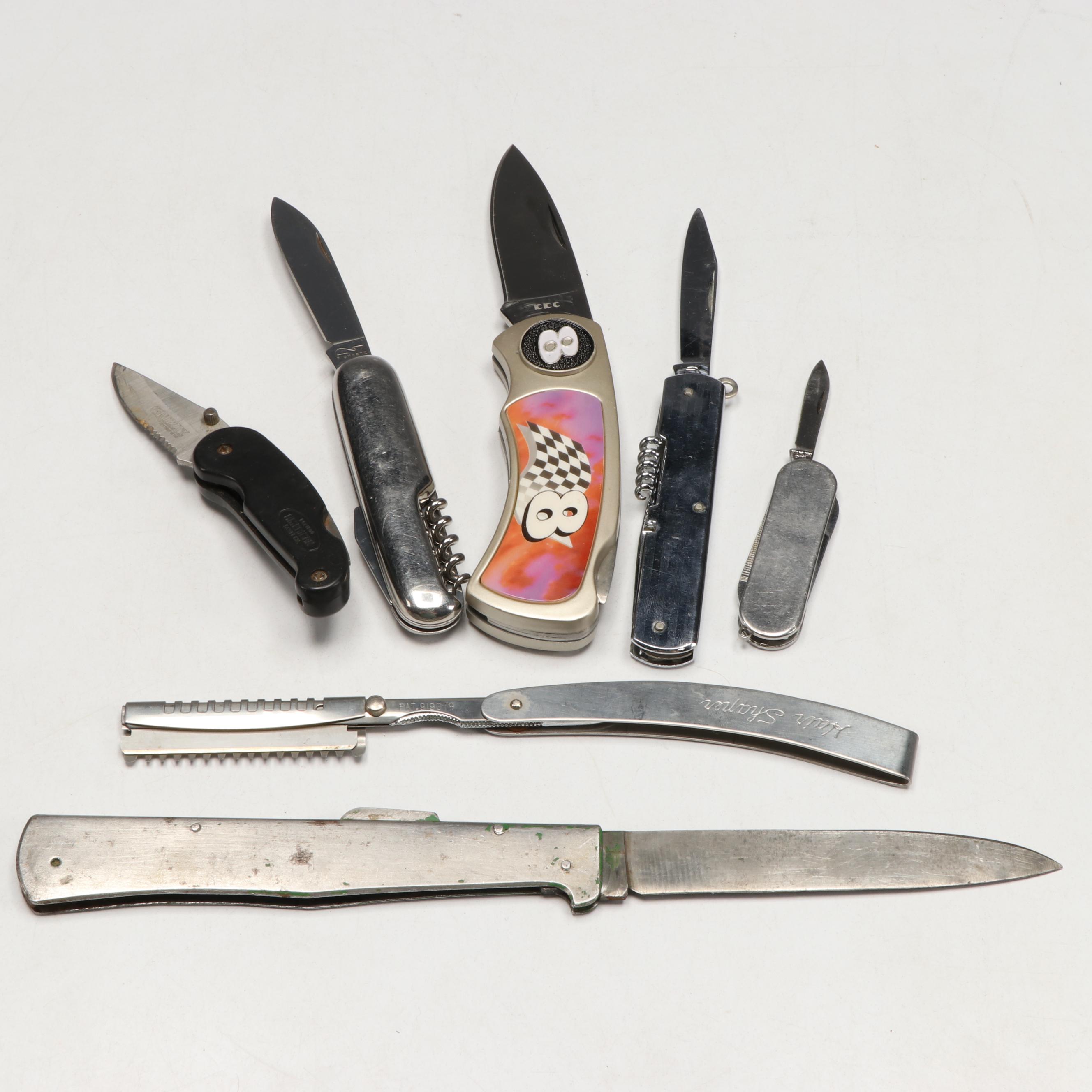 Collection of Stainless Steel Pocket Knives and Hair Shaper