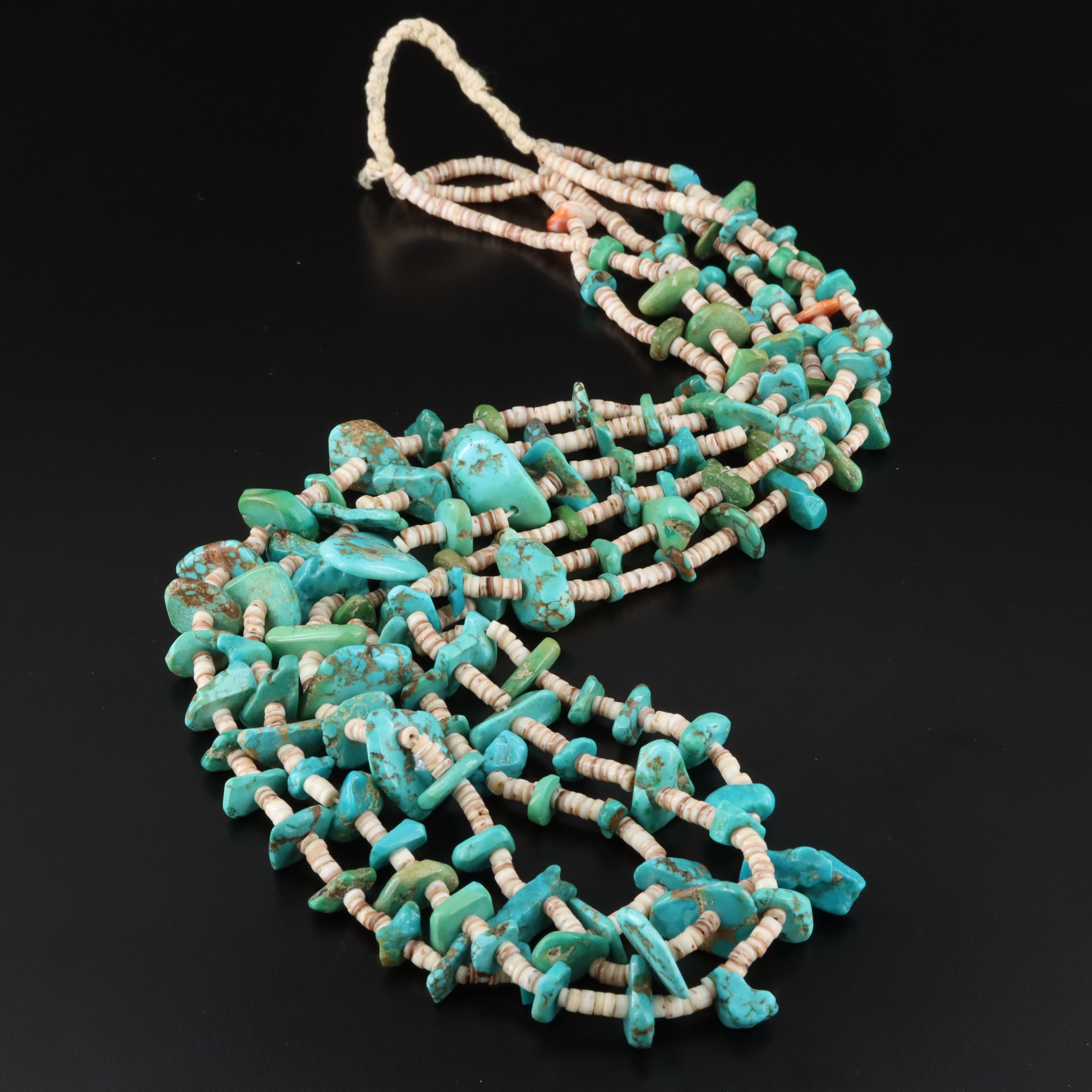 Southwestern Turquoise, Spiny Oyster and Shell Heishi Bead Multi-Strand Necklace