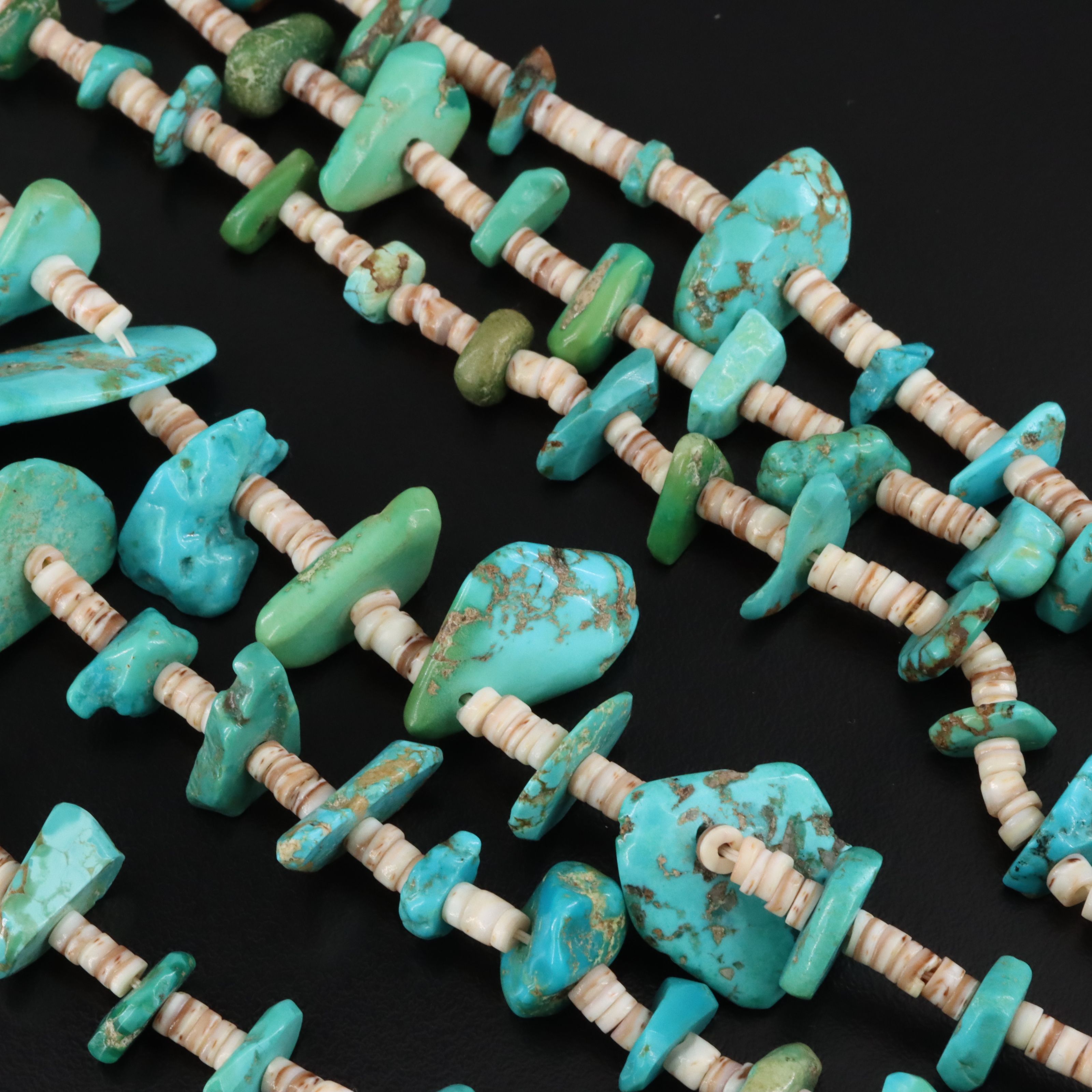 Southwestern Turquoise, Spiny Oyster and Shell Heishi Bead Multi-Strand Necklace