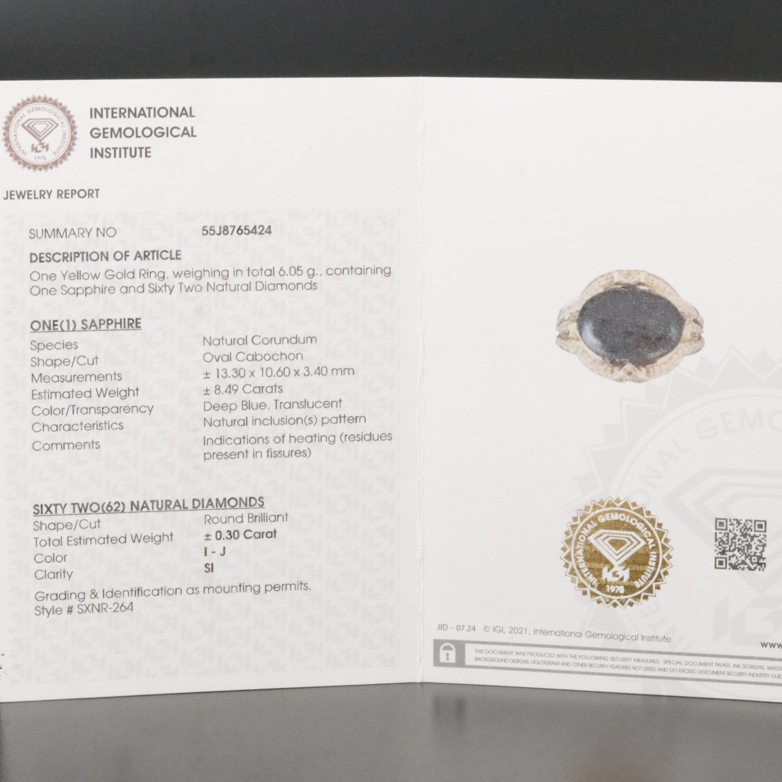 14K 8.49 CT Sapphire and Diamond Ring with IGI Report