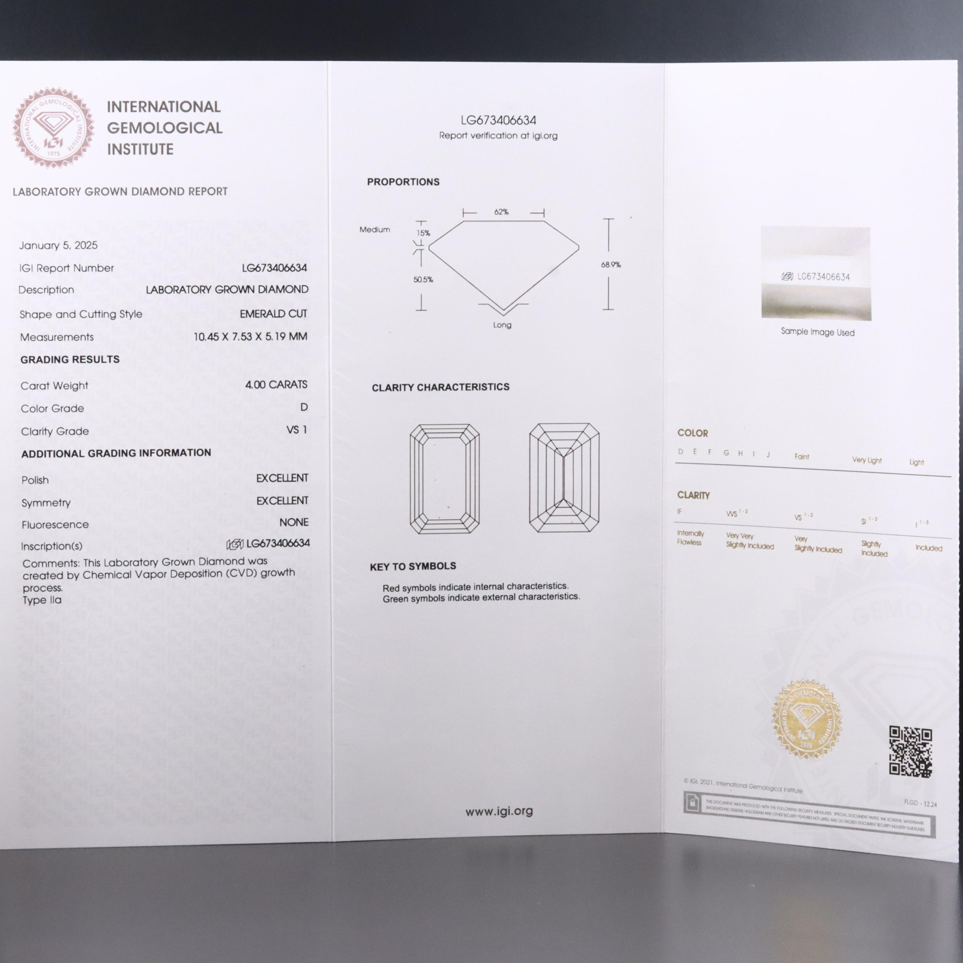 Loose 4.00 CT Lab Grown Diamond with IGI Report